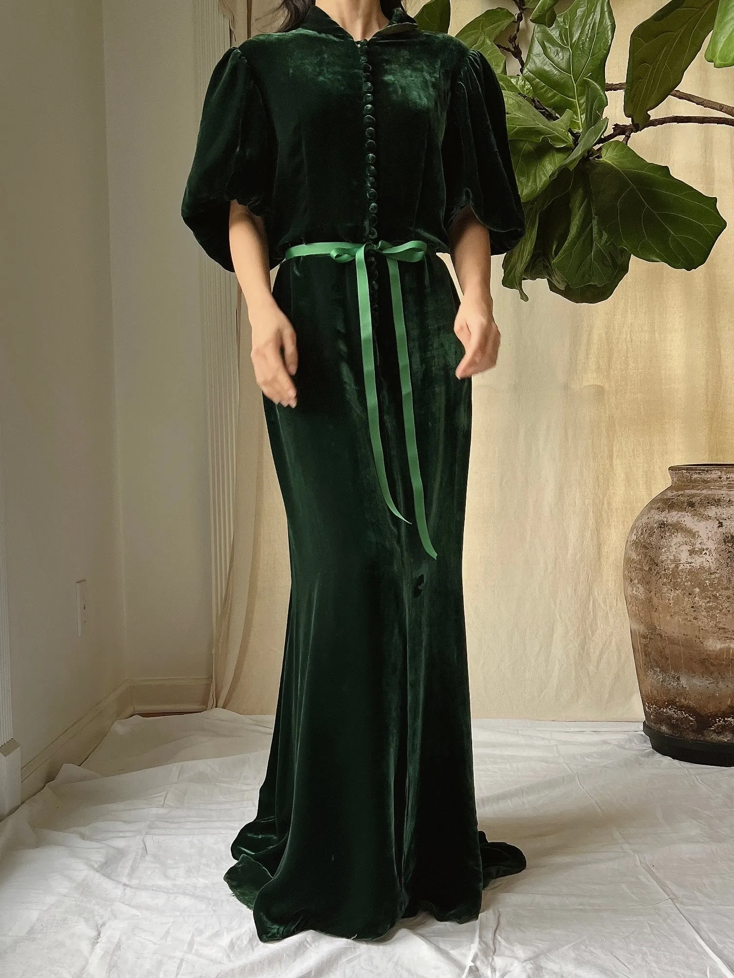 1930s Emerald Silk Velvet Gown - S