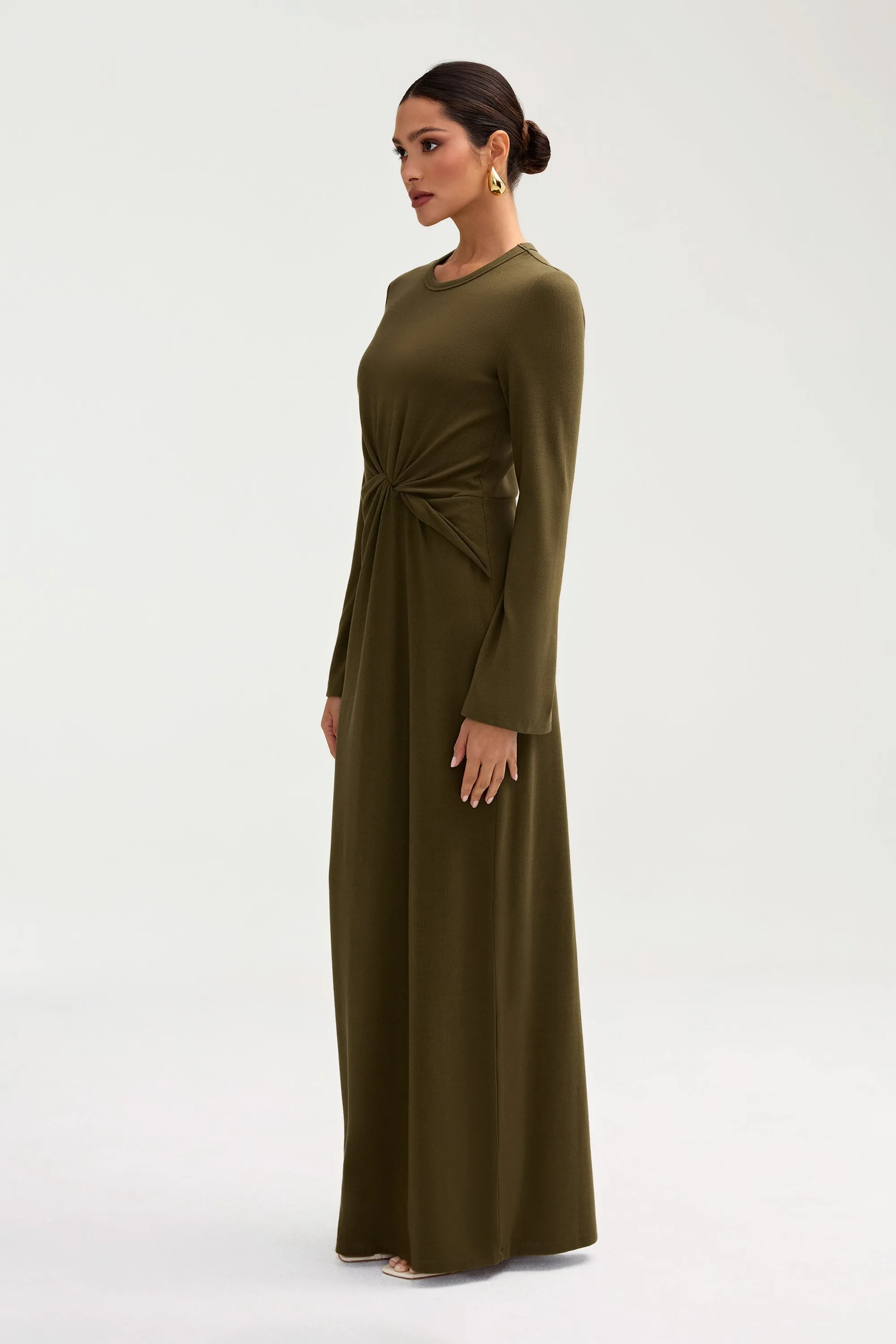 Aissia Ribbed Twist Front Maxi Dress - Olive Night