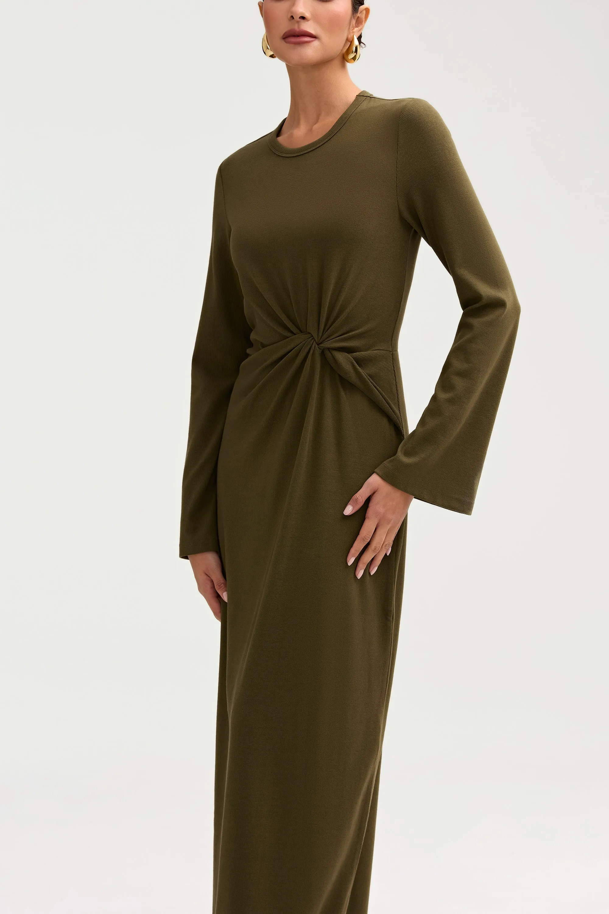 Aissia Ribbed Twist Front Maxi Dress - Olive Night