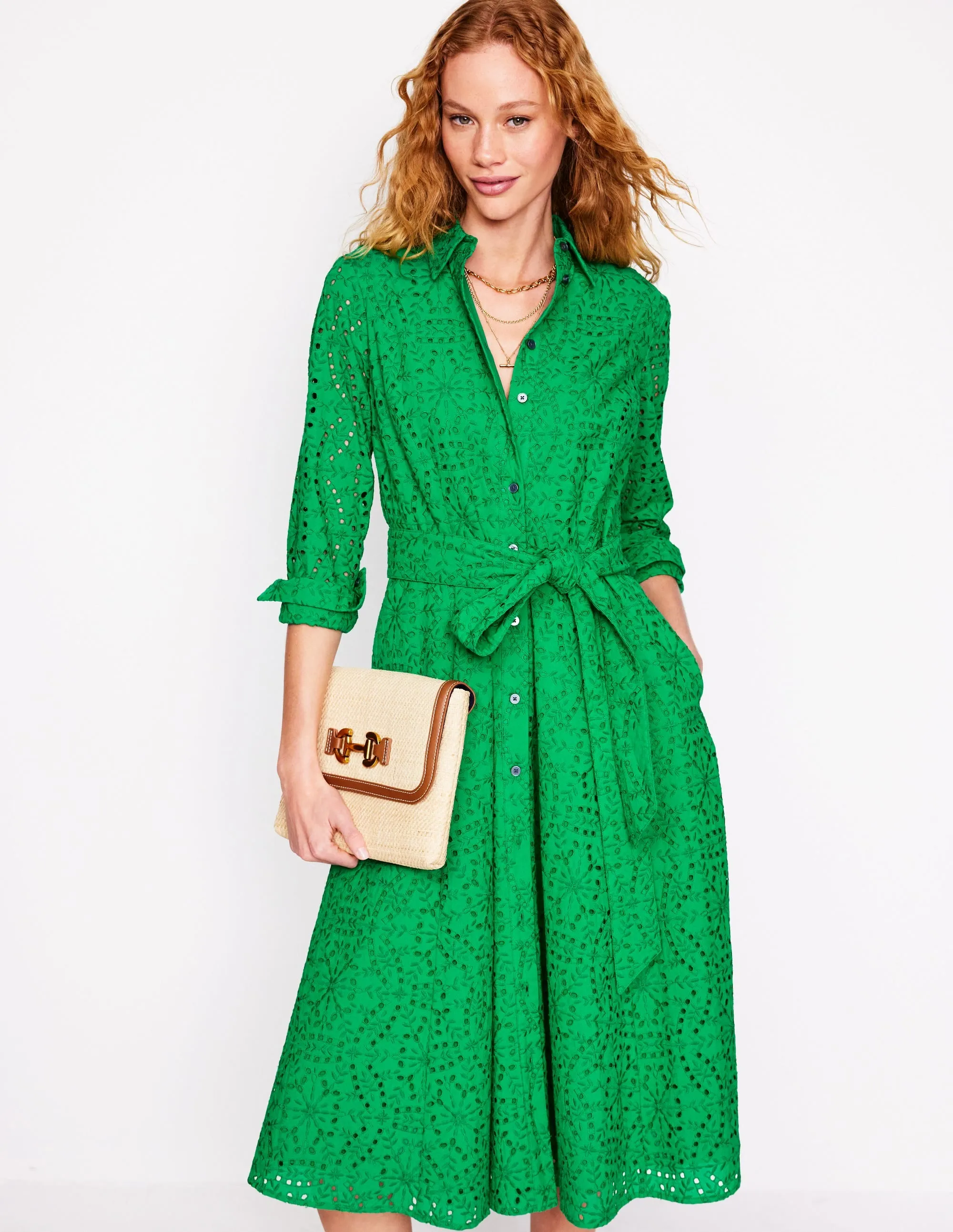 Amy Broderie Midi Shirt Dress-Rich Emerald