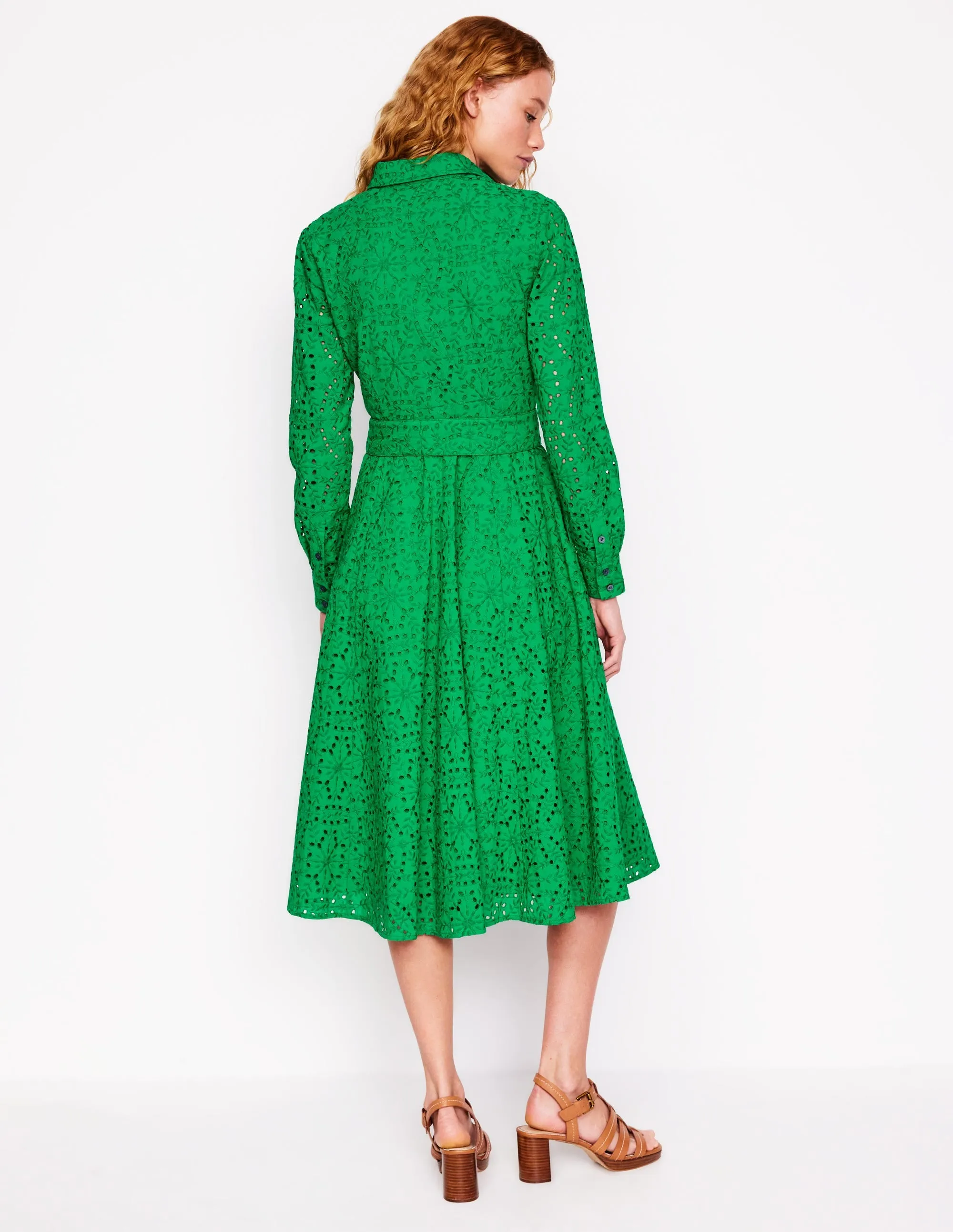Amy Broderie Midi Shirt Dress-Rich Emerald
