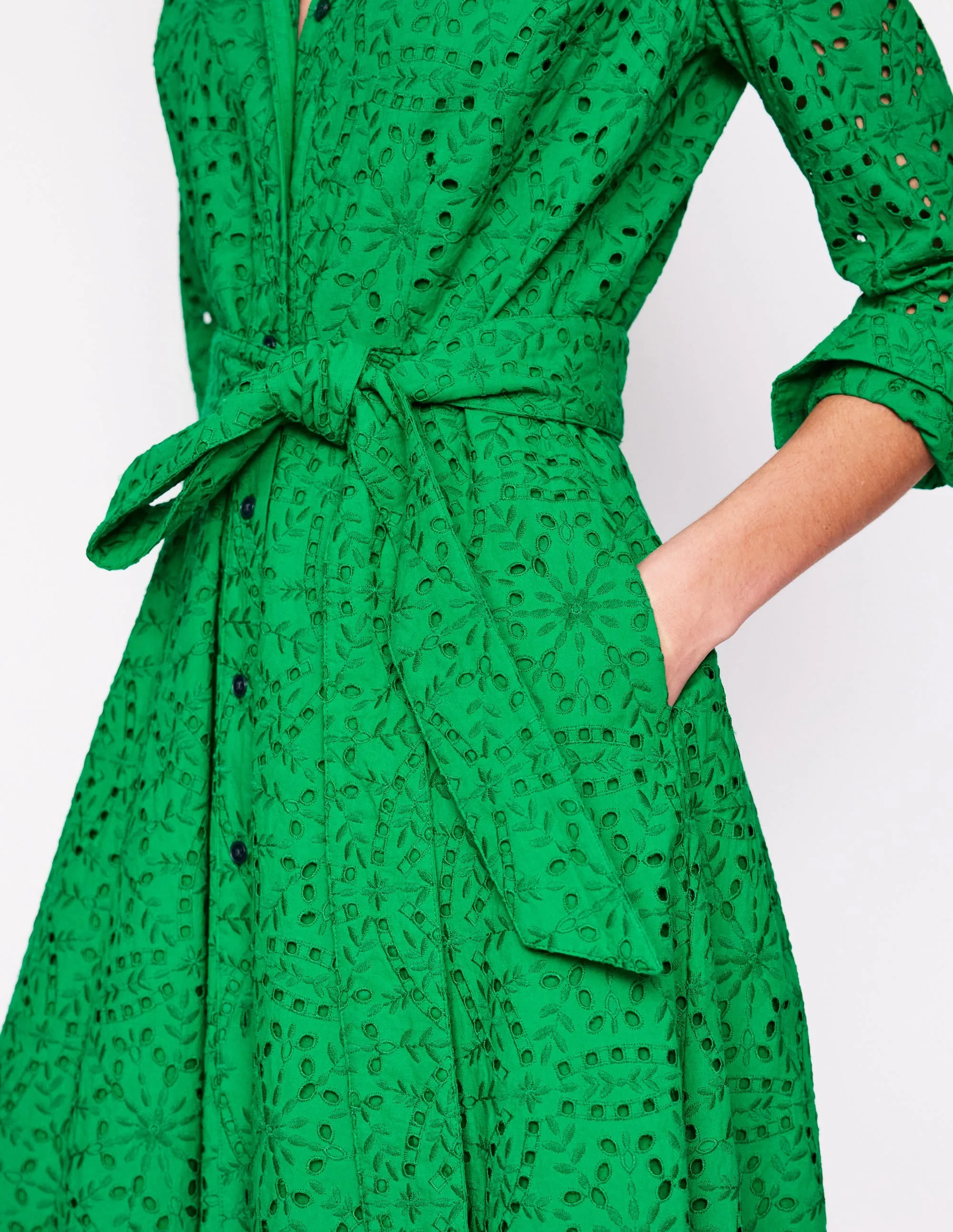 Amy Broderie Midi Shirt Dress-Rich Emerald