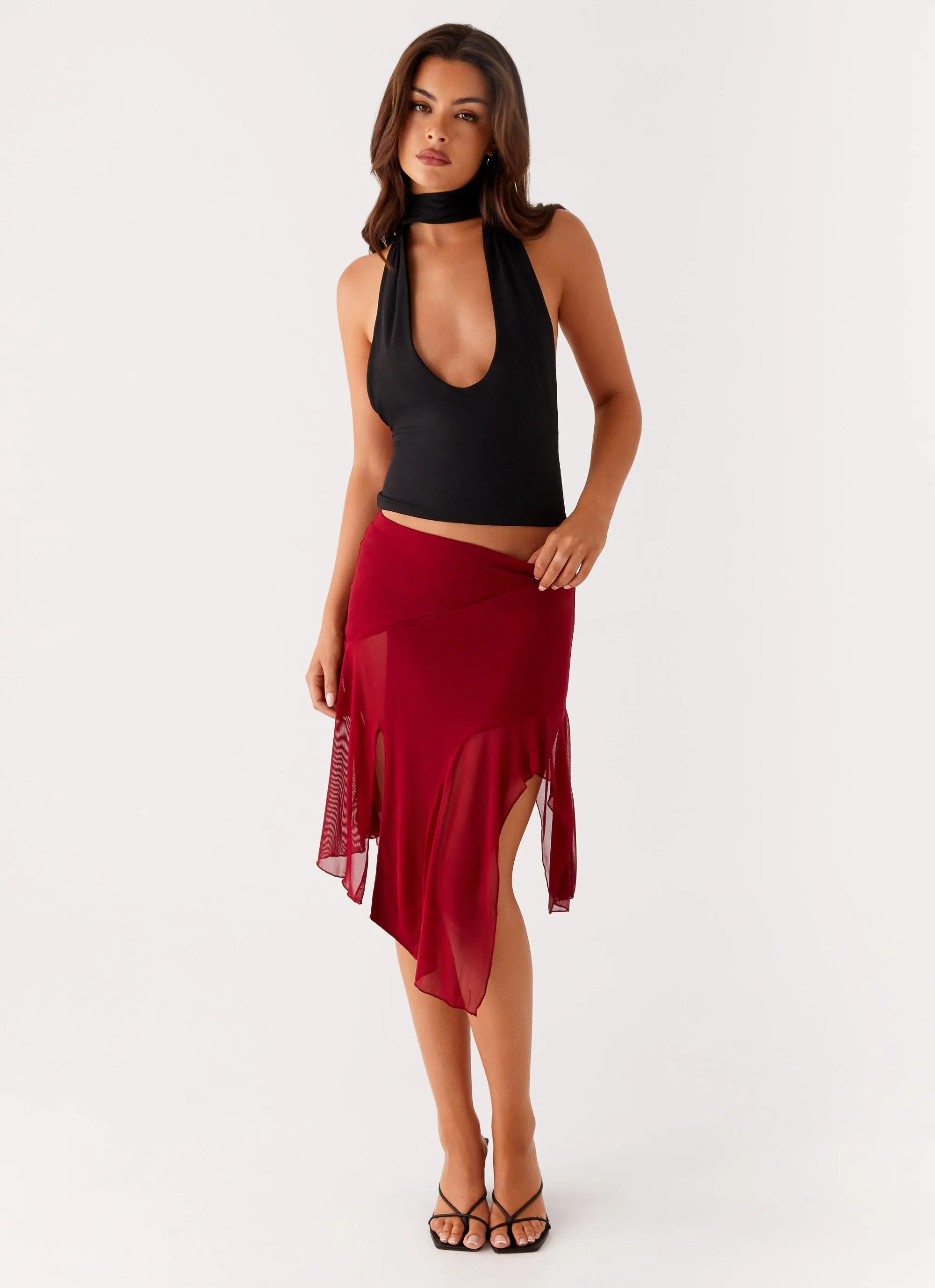 Anthea Mesh Midi Skirt - Red