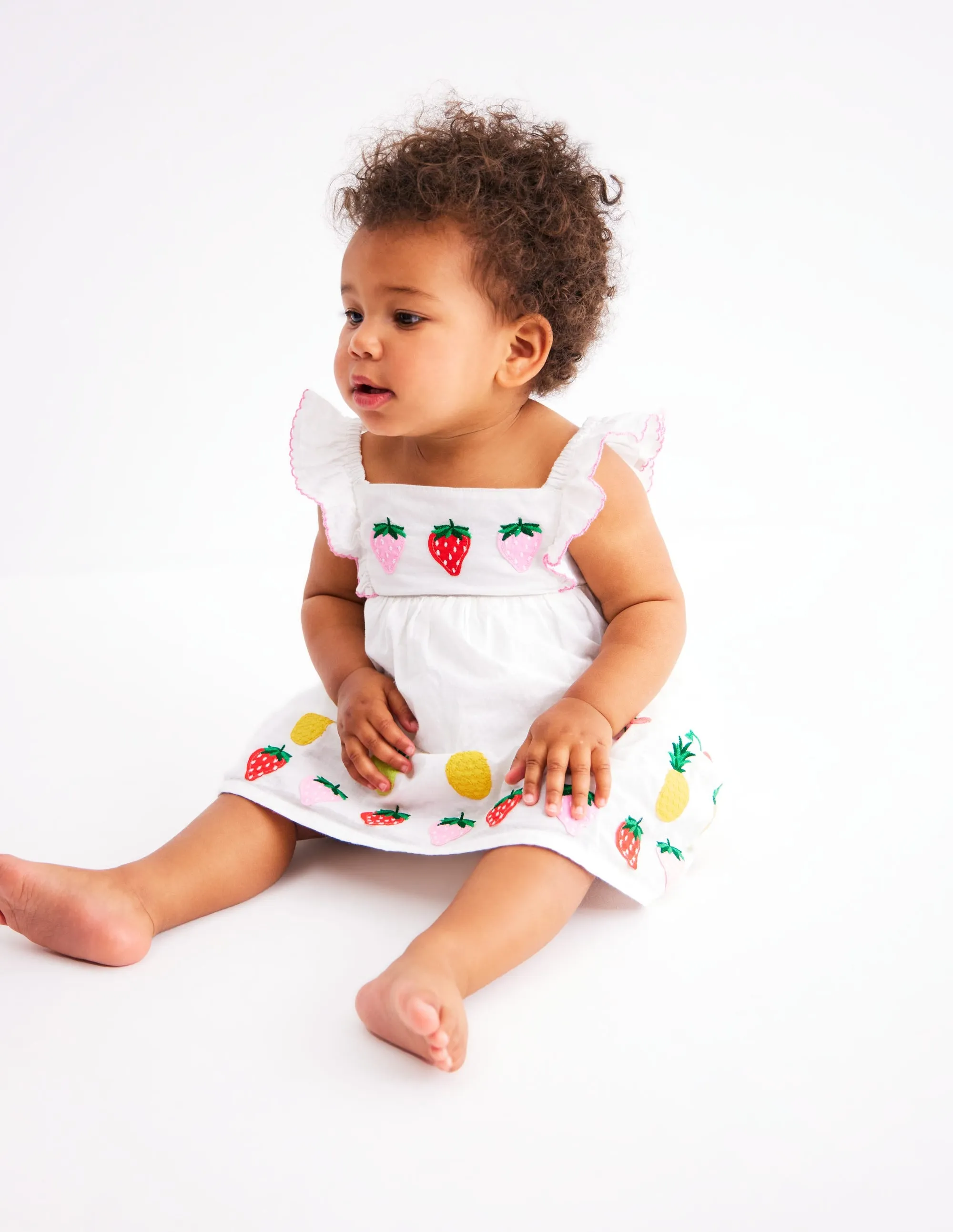 Appliqué Ruffle Dress-Soft Ivory Fruit