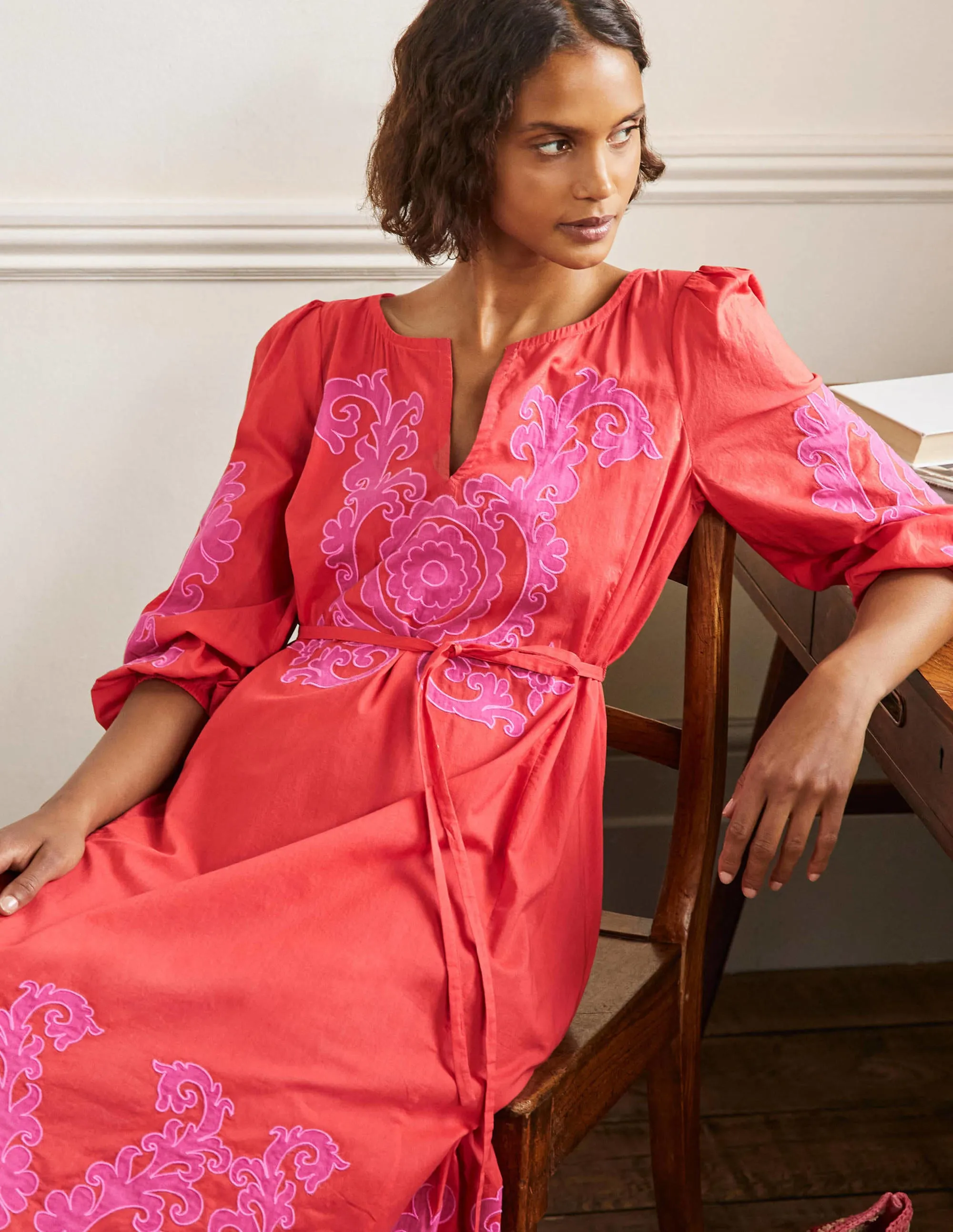 Applique Midi Dress-Bright Papaya