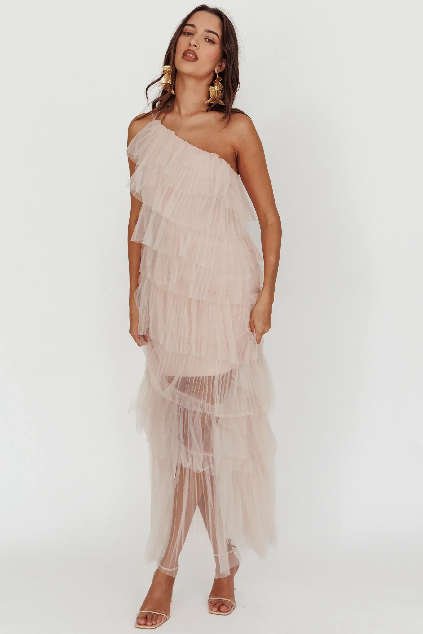 Arrabel Tiered Ruffle Tulle Maxi Dress Blush