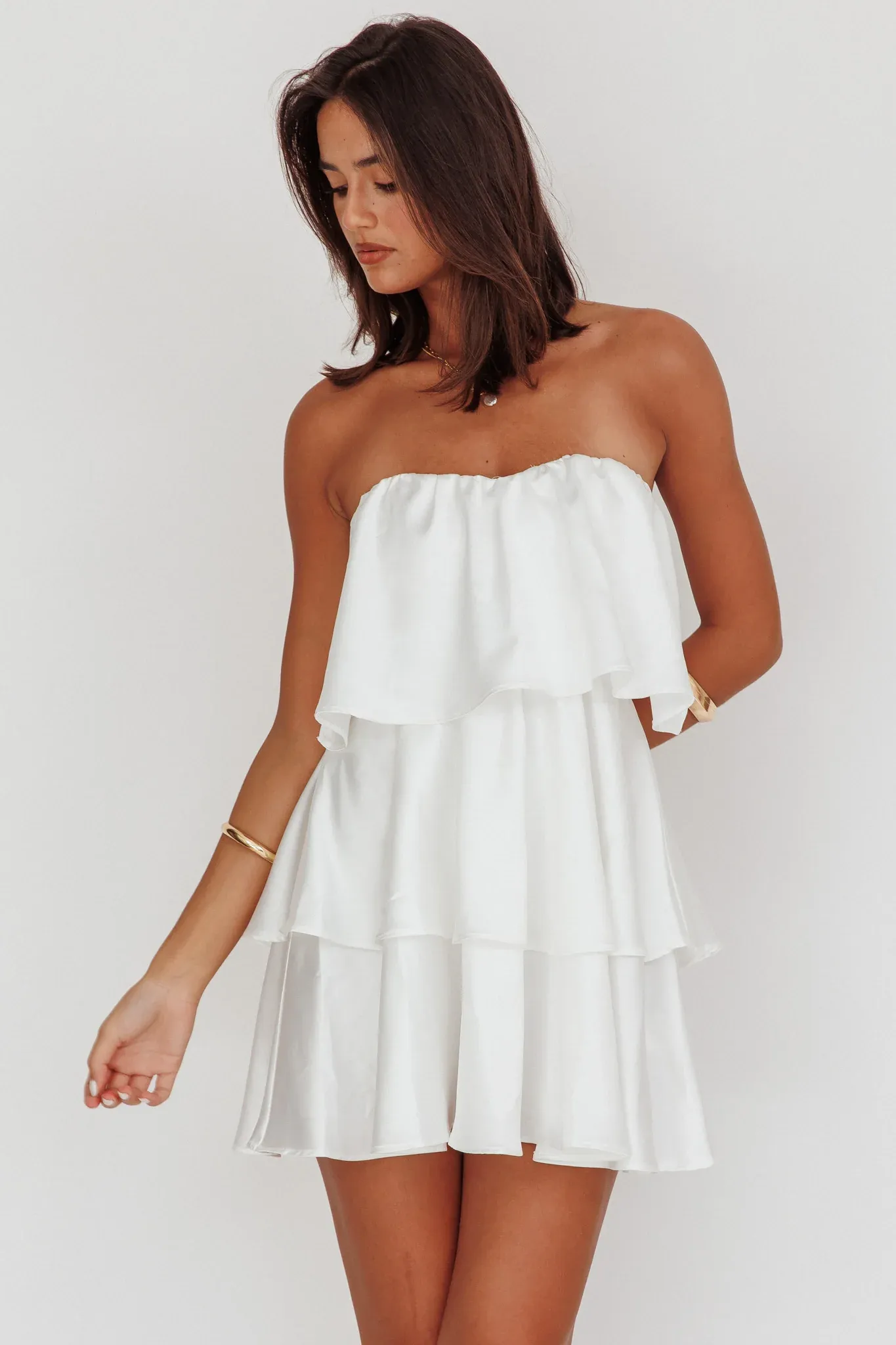 Behati Tiered Layer Strapless Dress White