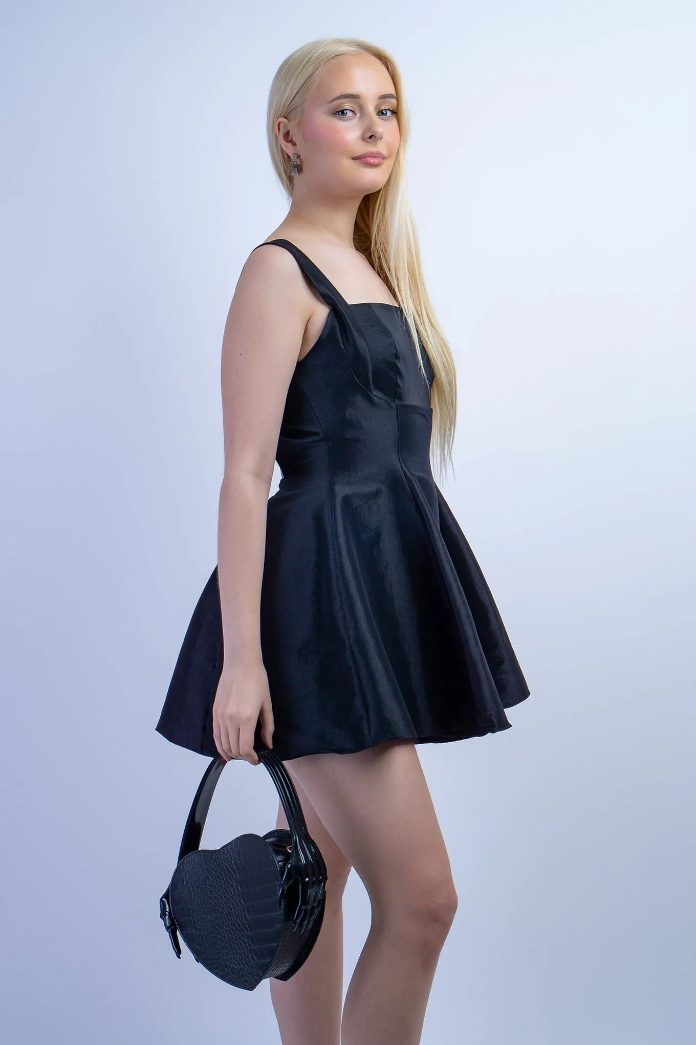 Black Satin Square Neck Flared Dress