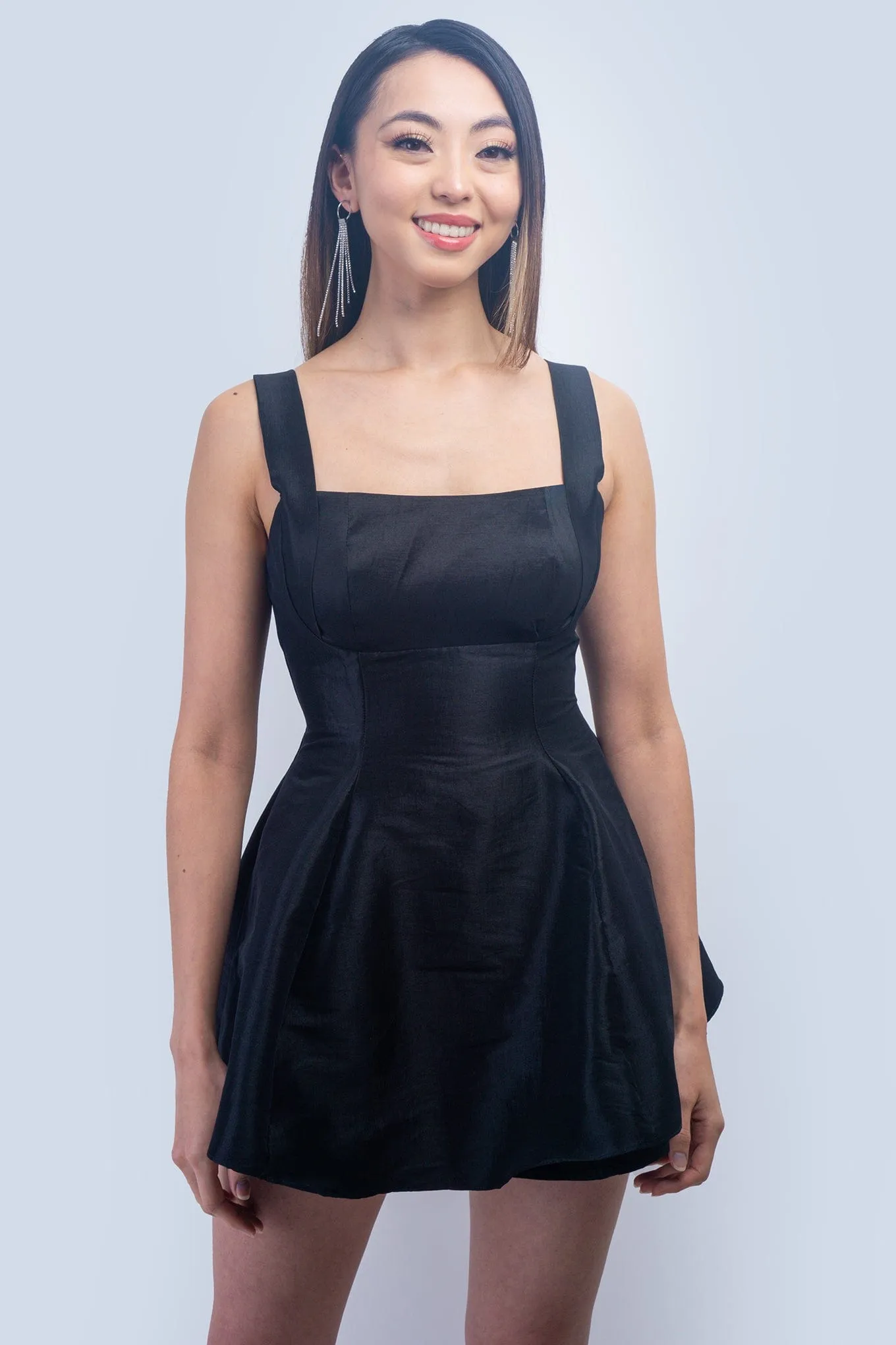 Black Satin Square Neck Flared Dress