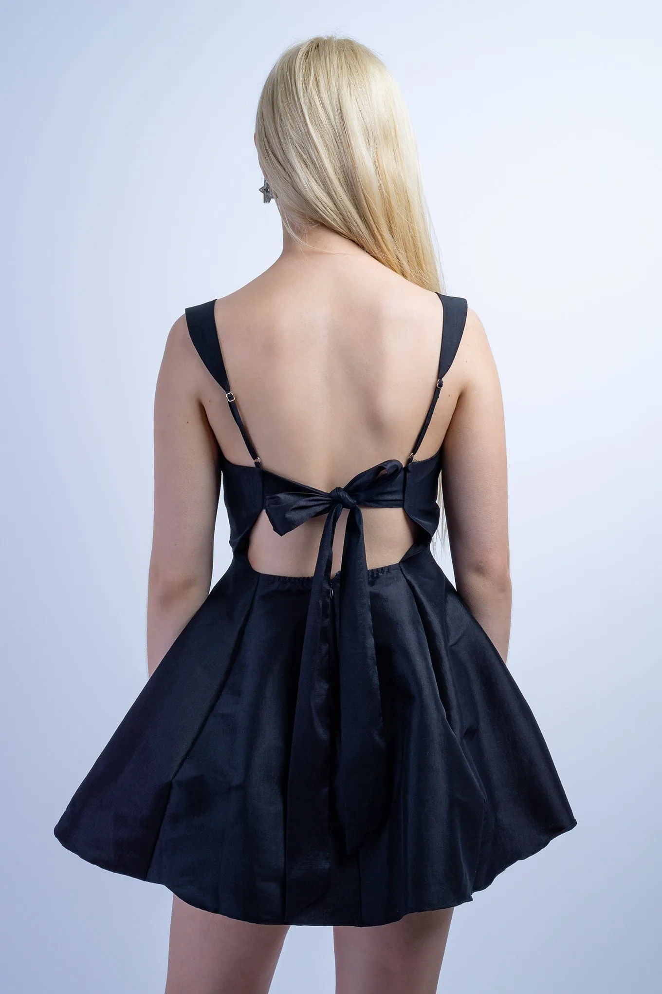 Black Satin Square Neck Flared Dress