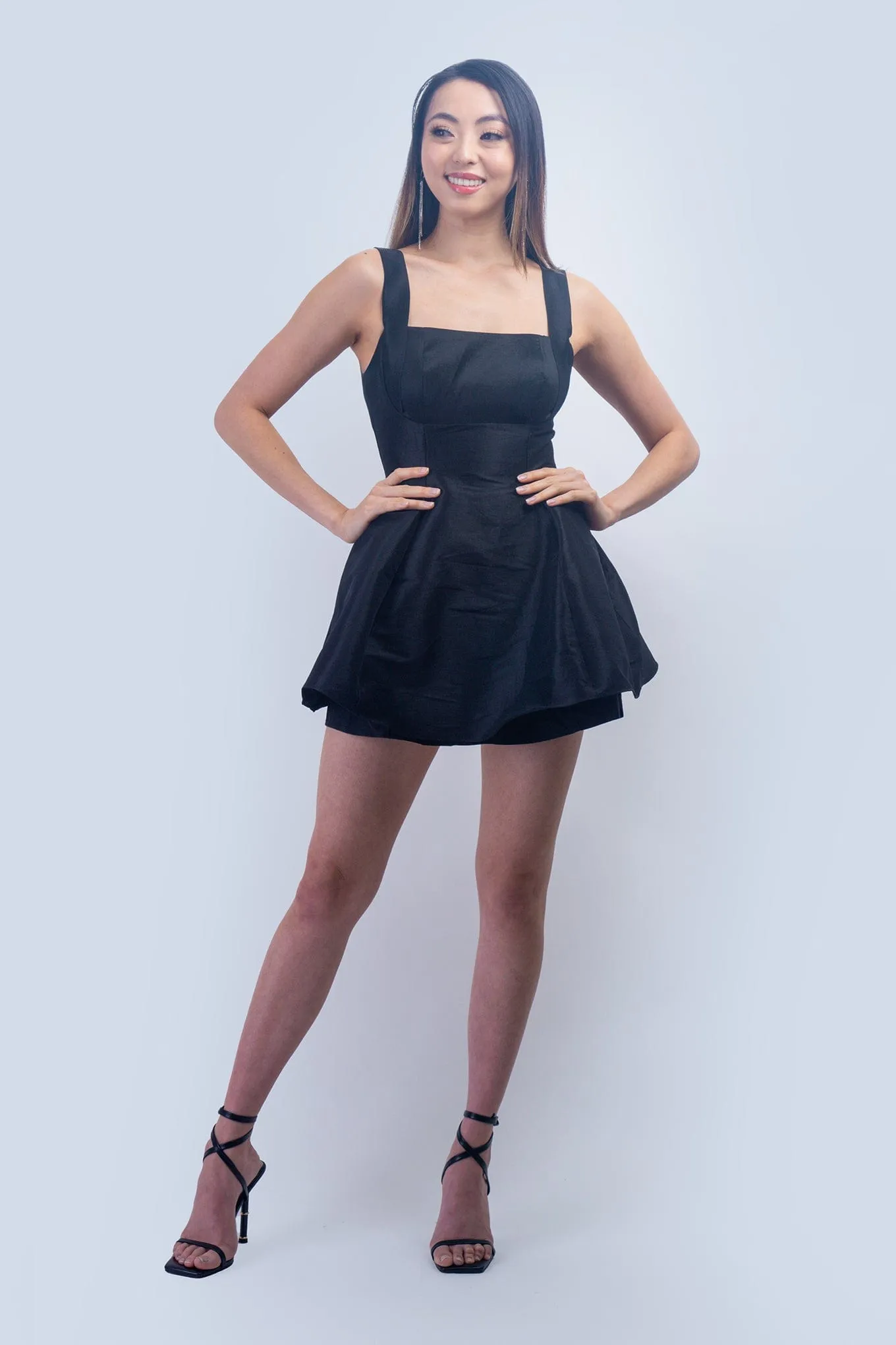 Black Satin Square Neck Flared Dress