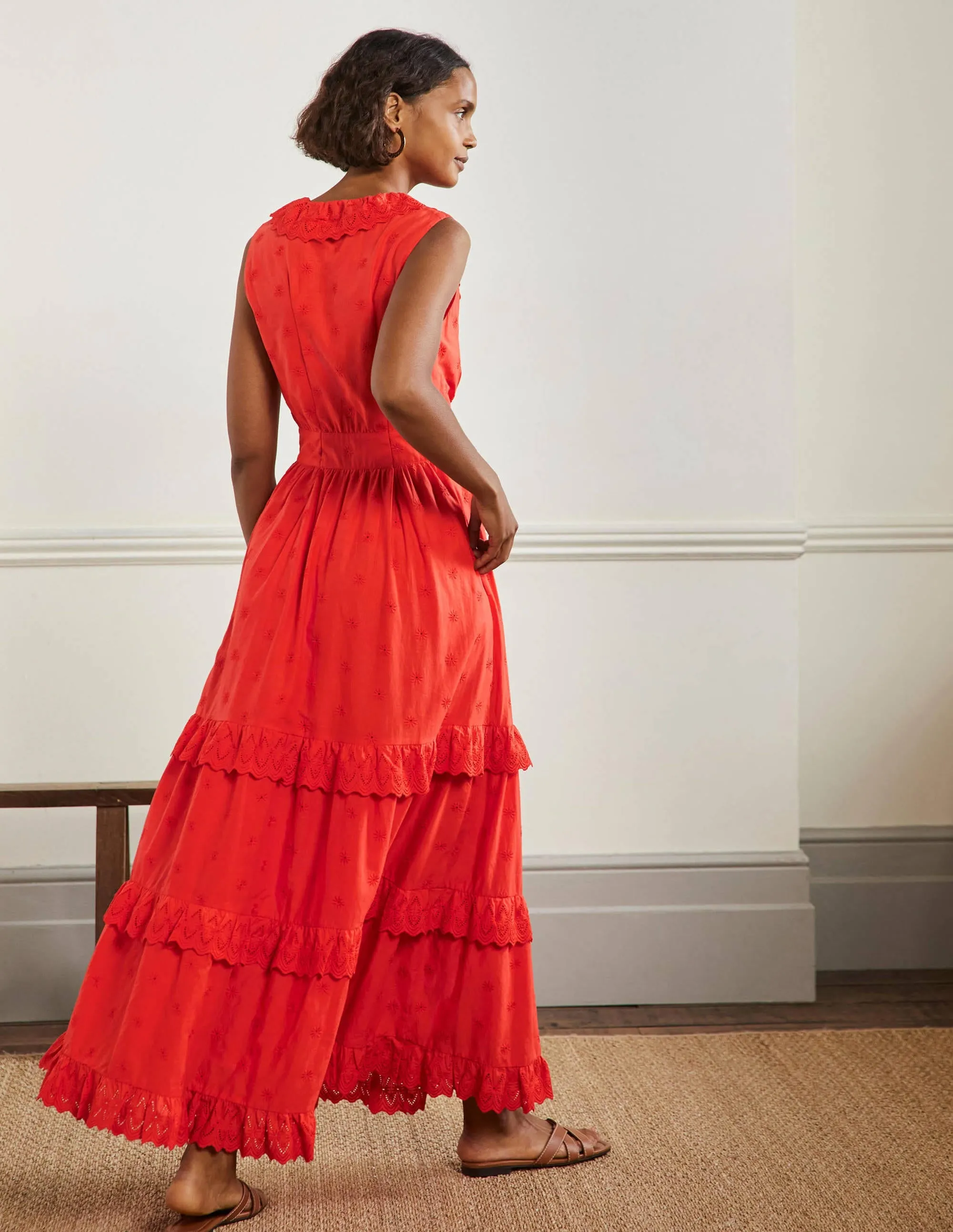 Broderie Ruffle Maxi Dress-Bright Papaya