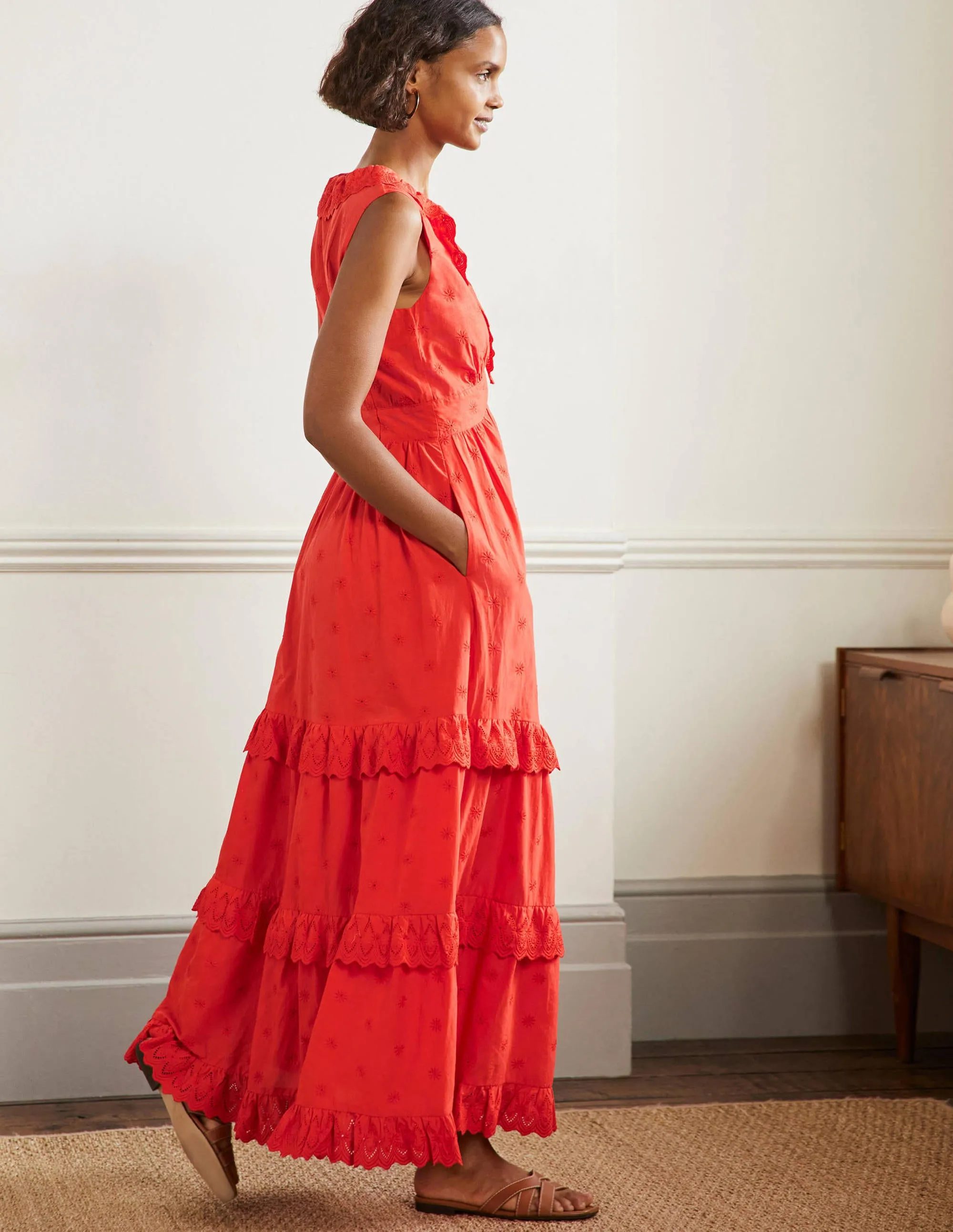 Broderie Ruffle Maxi Dress-Bright Papaya