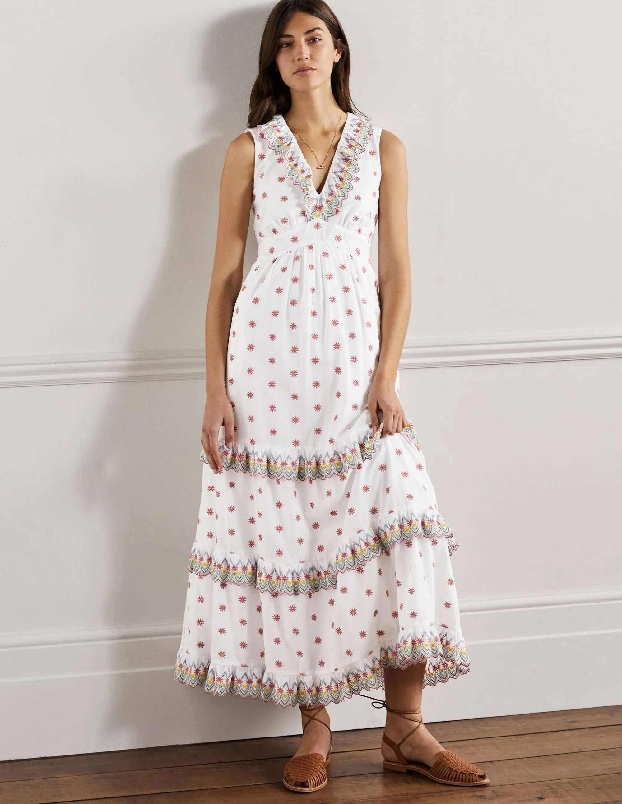 Broderie Ruffle Maxi Dress-White