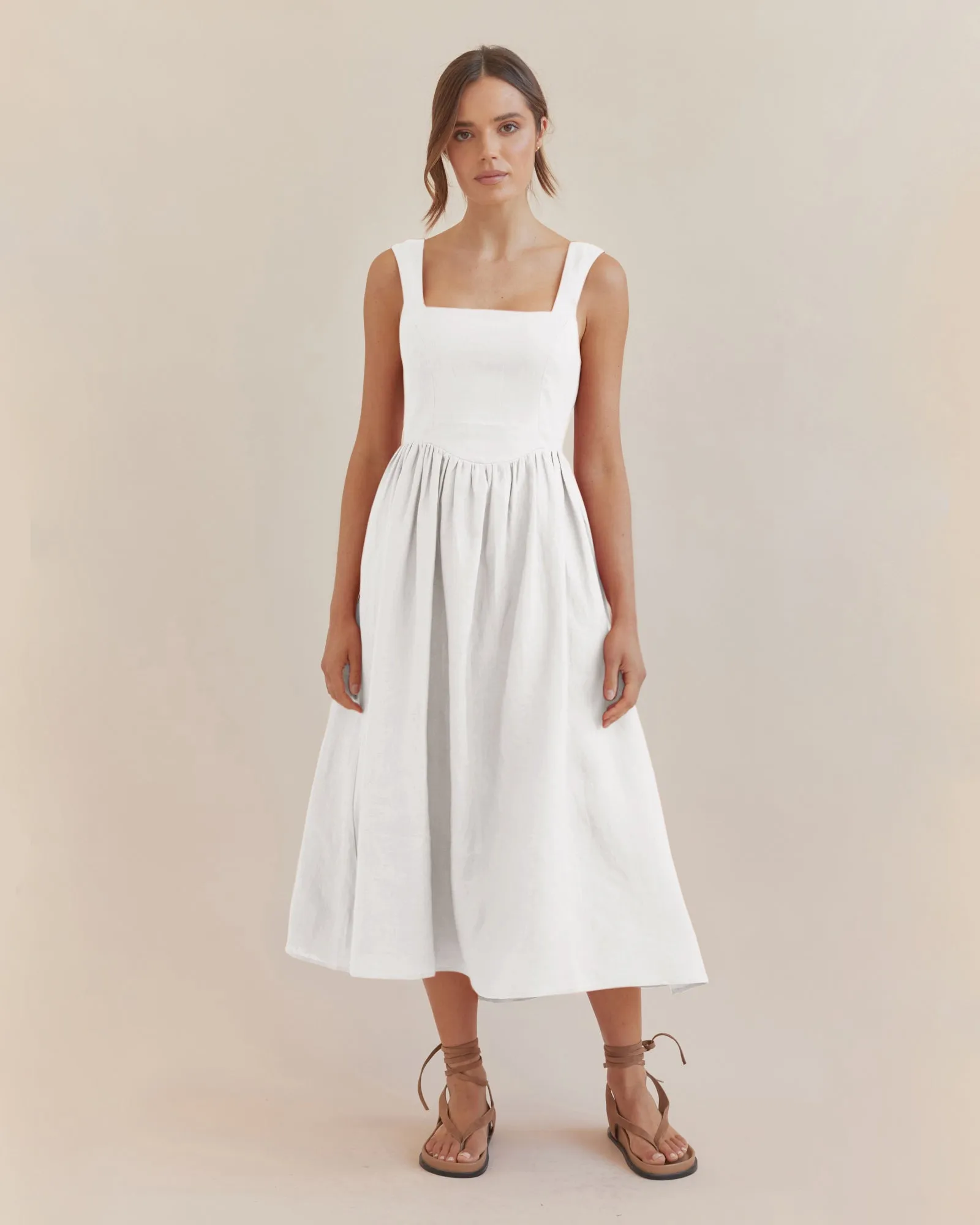 Caprice Corset Linen Midi Dress - White