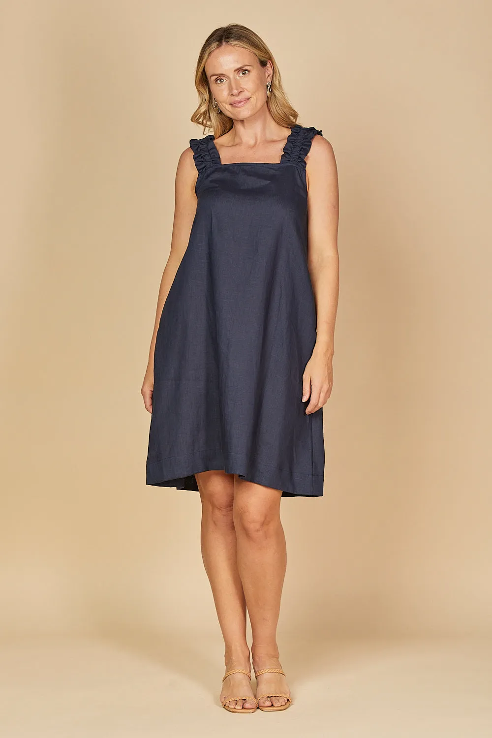 Claire Short Linen Dress in Navy