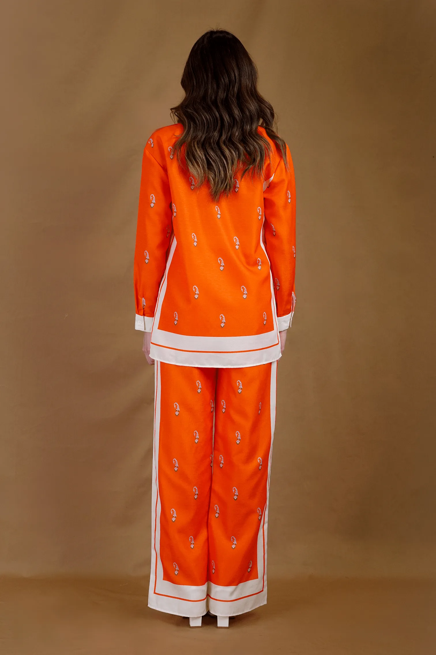 Collared Orange Print Pant Set