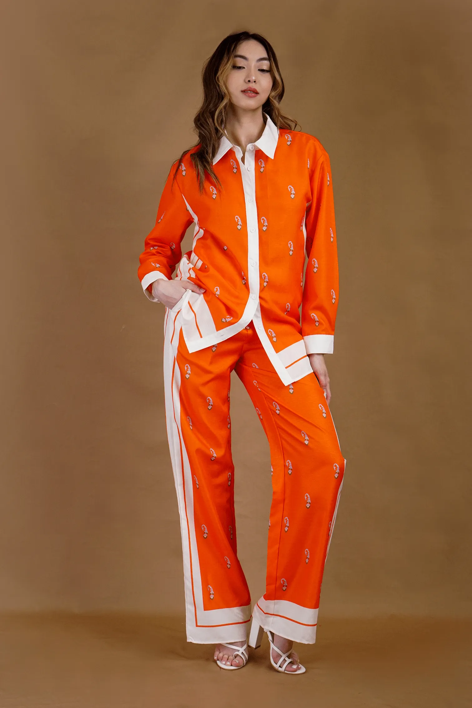 Collared Orange Print Pant Set