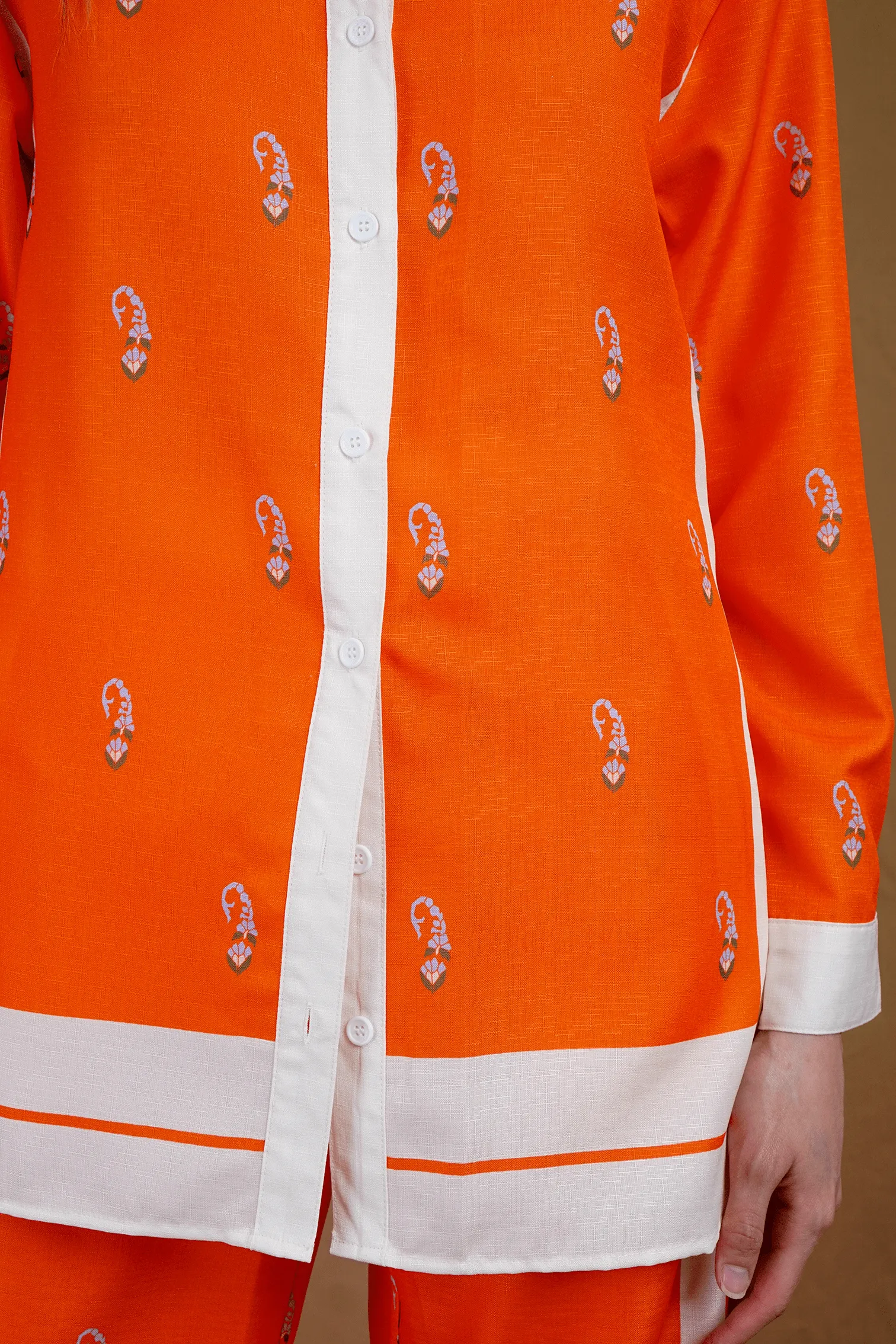 Collared Orange Print Pant Set