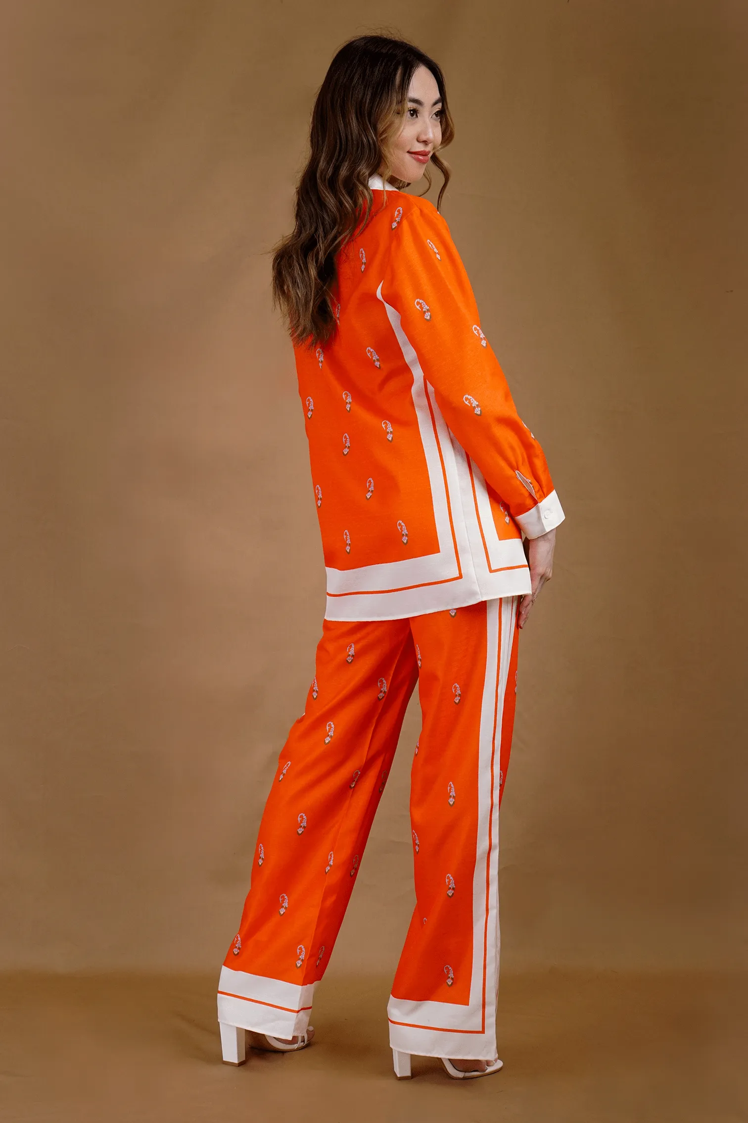 Collared Orange Print Pant Set