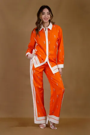 Collared Orange Print Pant Set