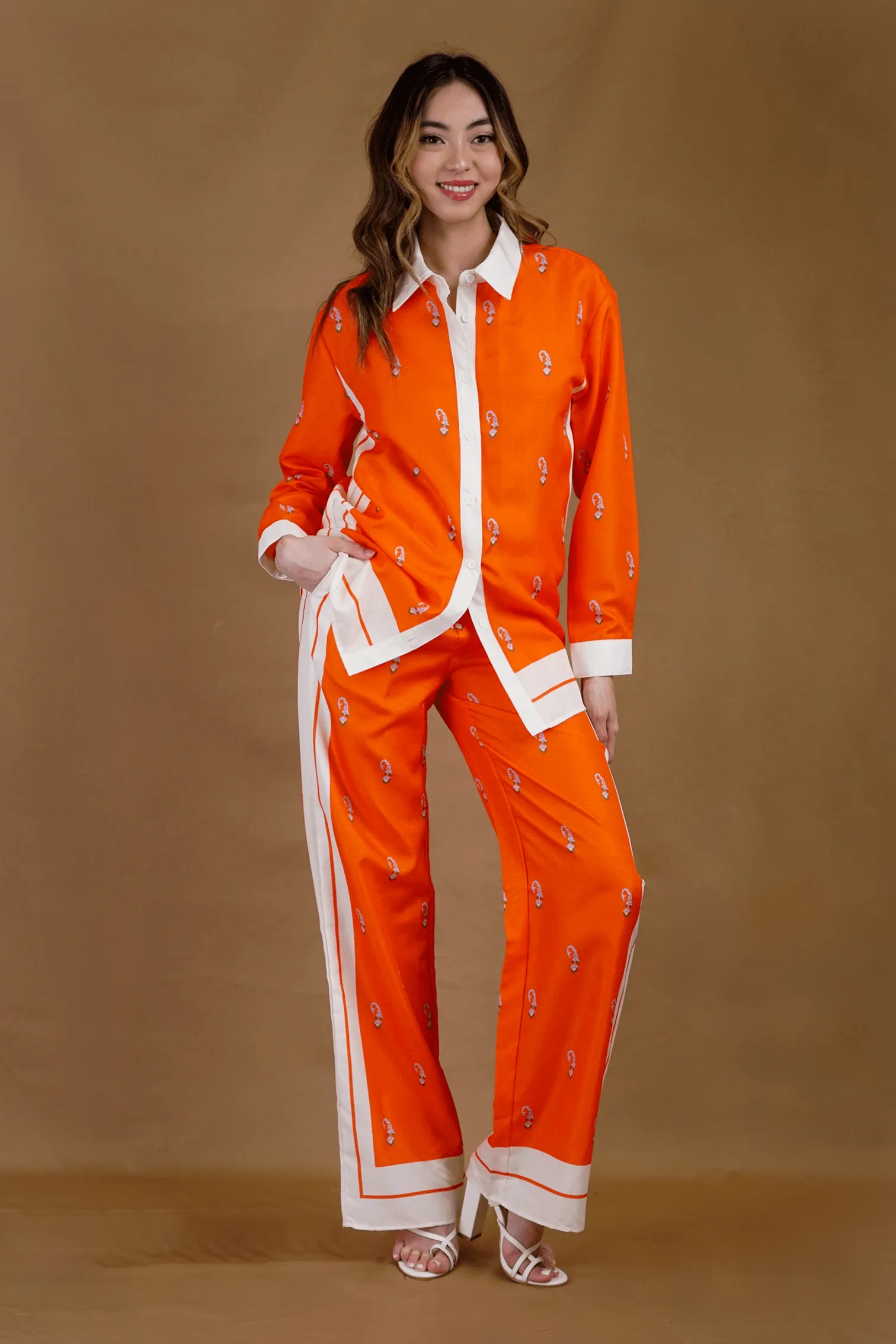 Collared Orange Print Pant Set