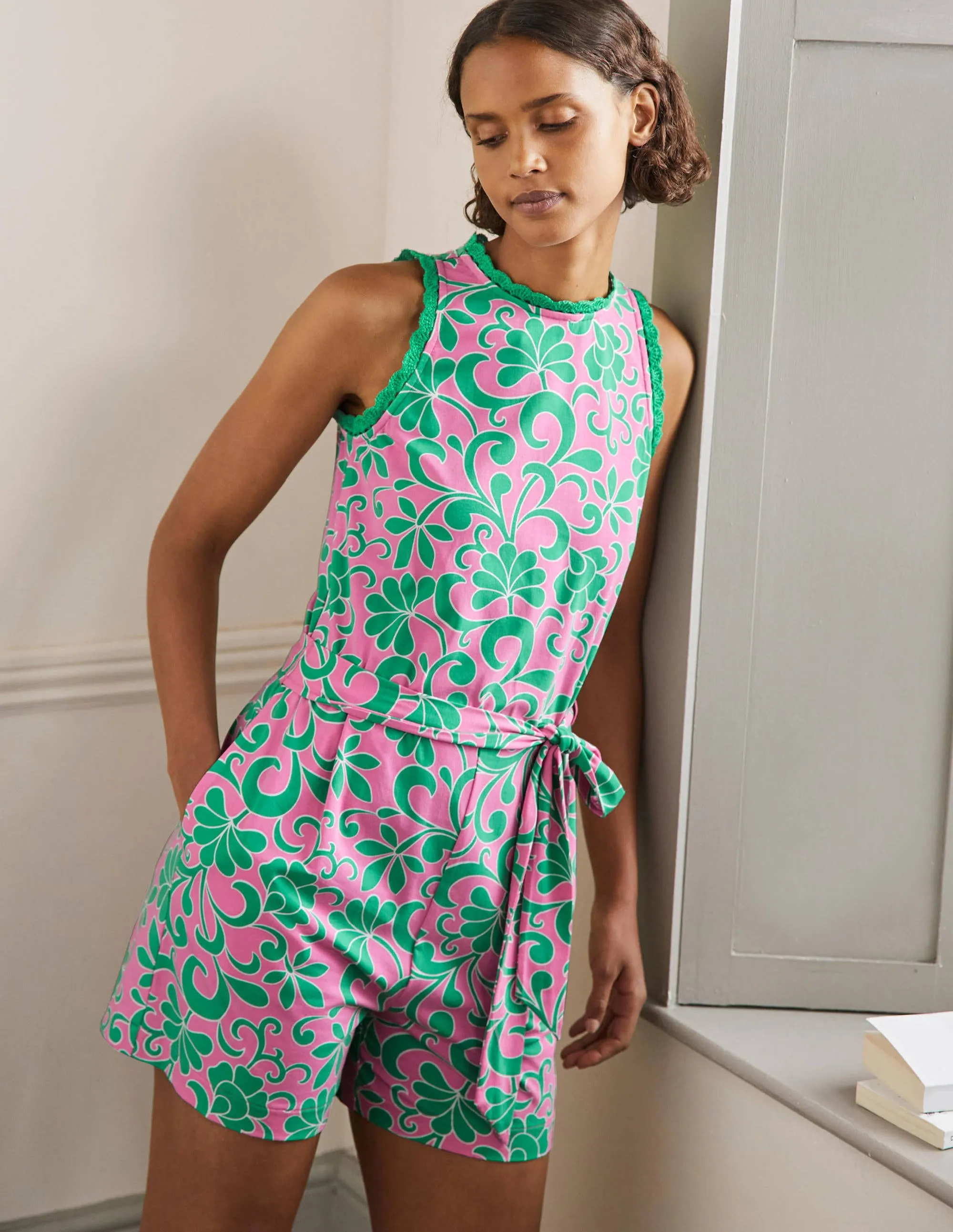 Crochet Detail Jersey Playsuit-Candy Floss. Abstract Petal