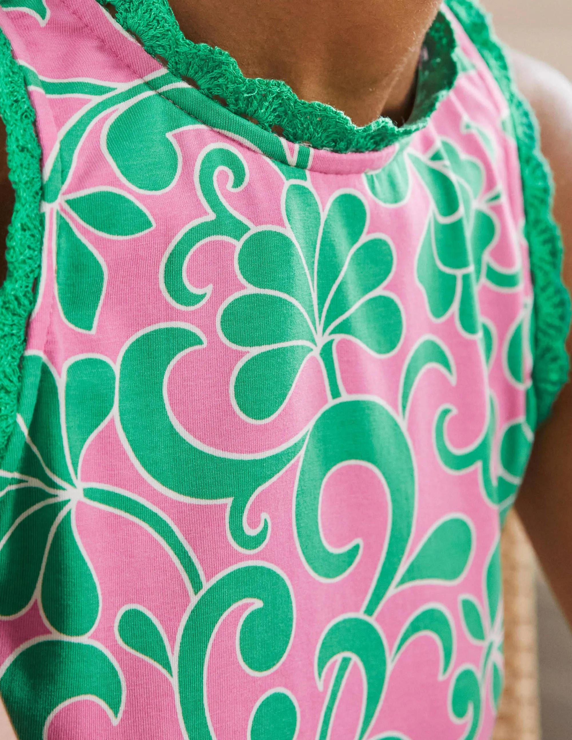 Crochet Detail Jersey Playsuit-Candy Floss. Abstract Petal