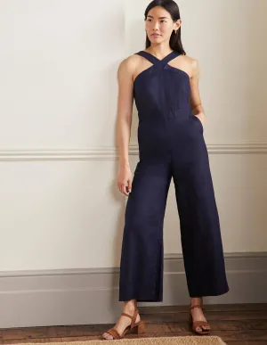 Cross Over Linen Jumpsuit-Navy