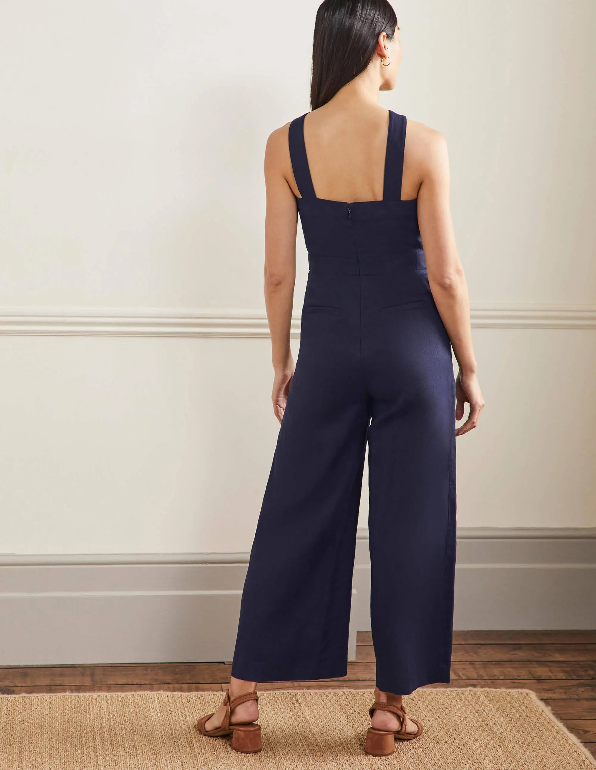 Cross Over Linen Jumpsuit-Navy