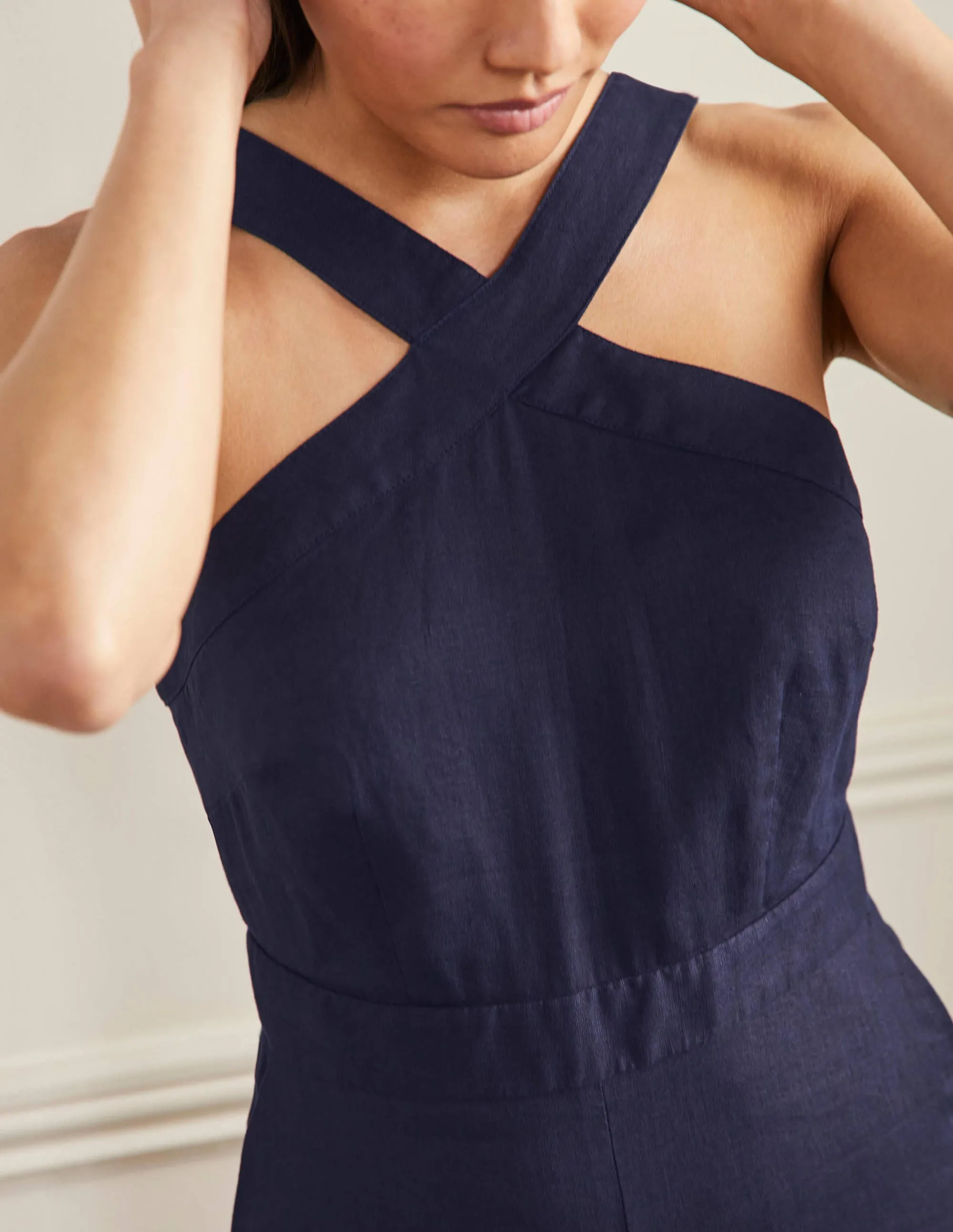 Cross Over Linen Jumpsuit-Navy