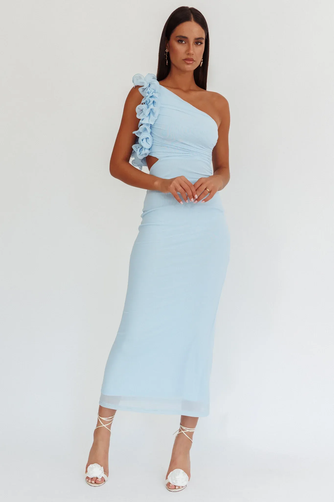 Deanna One-Shoulder Ruffle Maxi Dress Light Blue