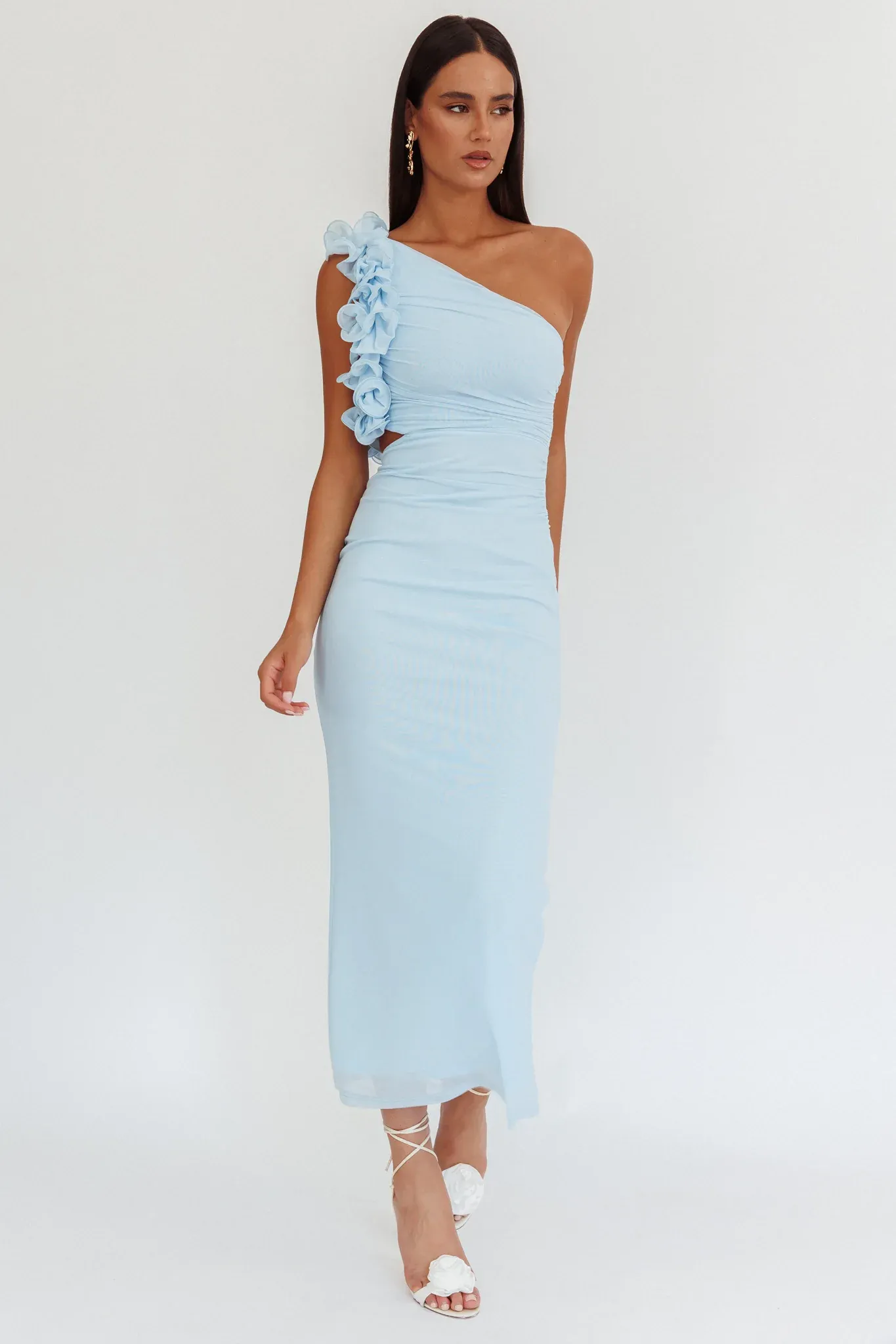 Deanna One-Shoulder Ruffle Maxi Dress Light Blue