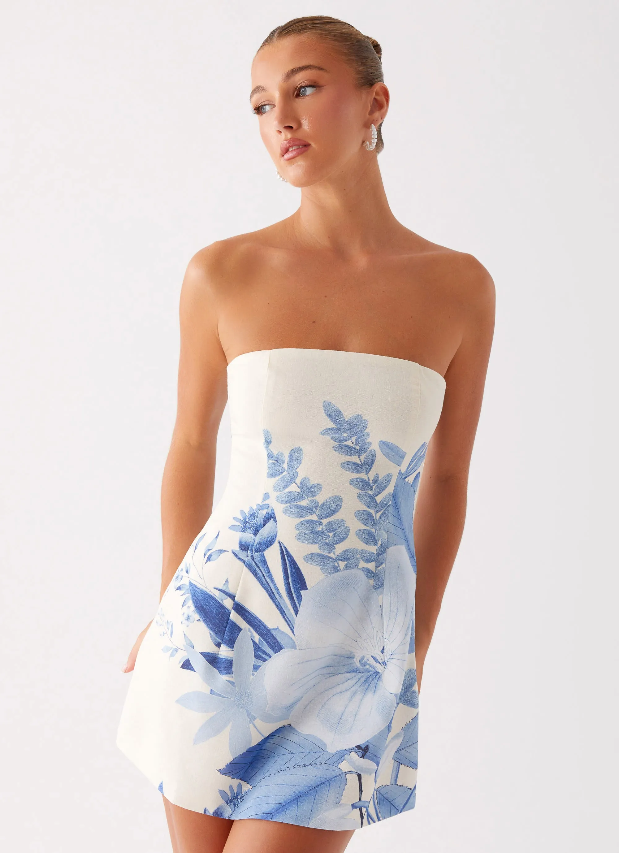 Denby Strapless Mini Dress - Blue Floral Print