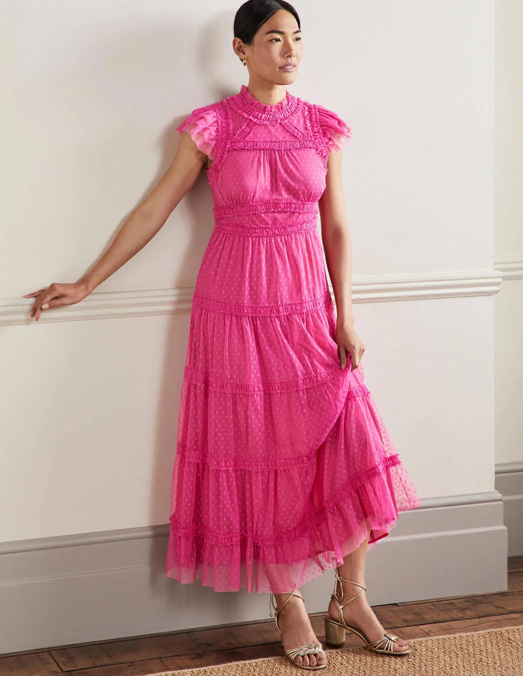 Edie Tiered Tulle Midi Dress-Party Pink