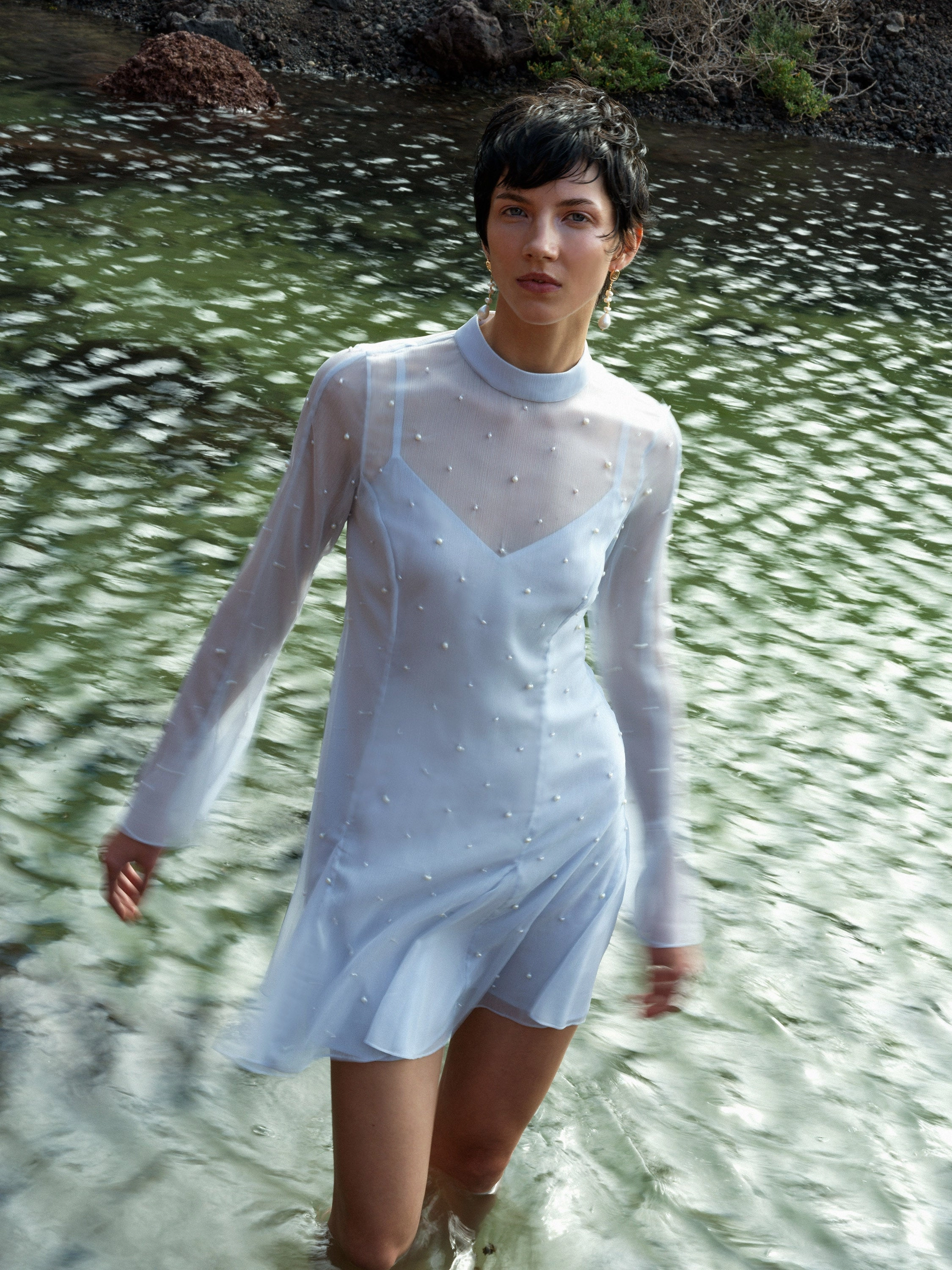 Elizabeth Chiffon Faux Pearl Mini Dress