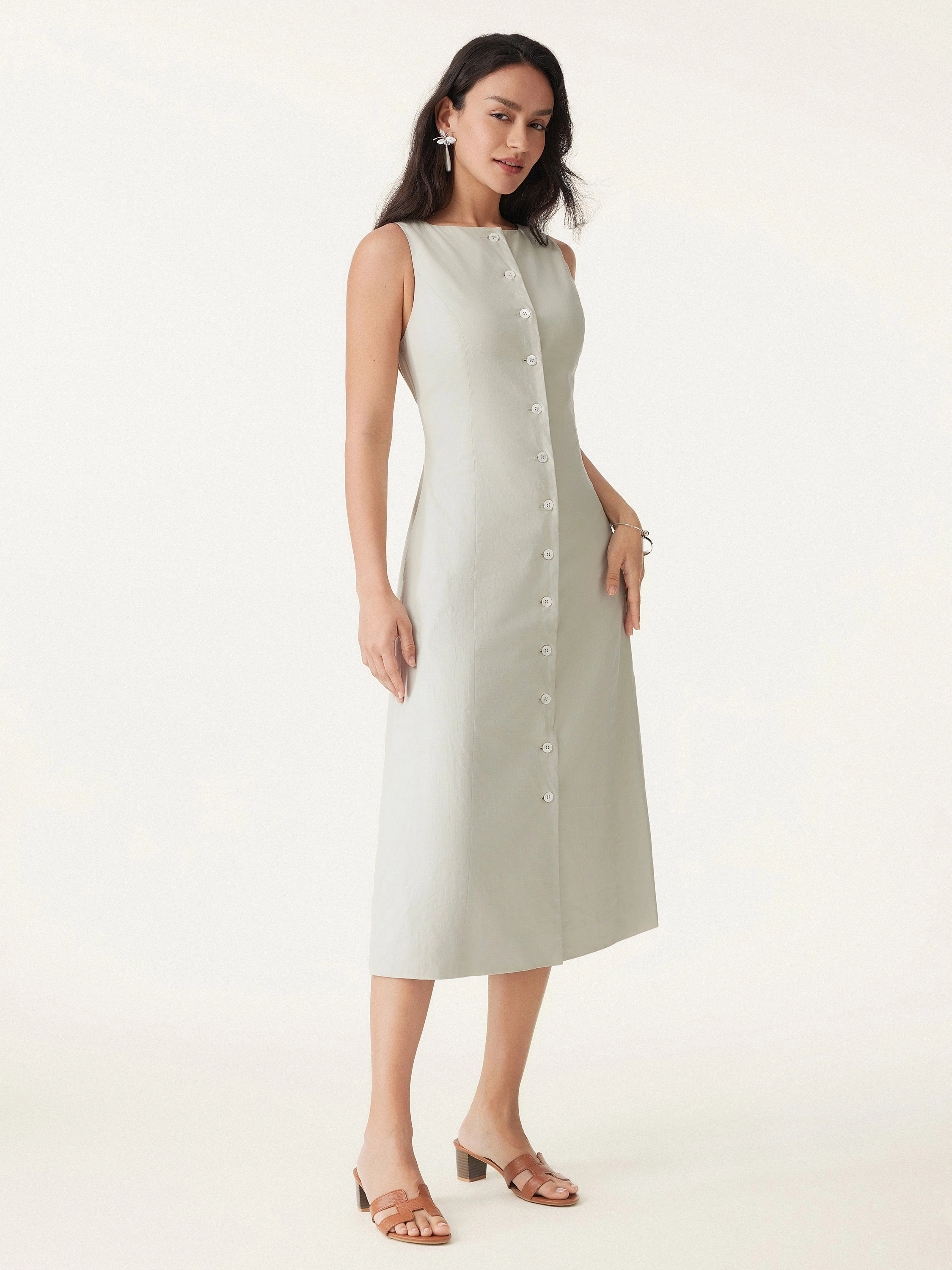 European Linen Waist-cinch Boatneck Button-up Midi Dress with Pockets