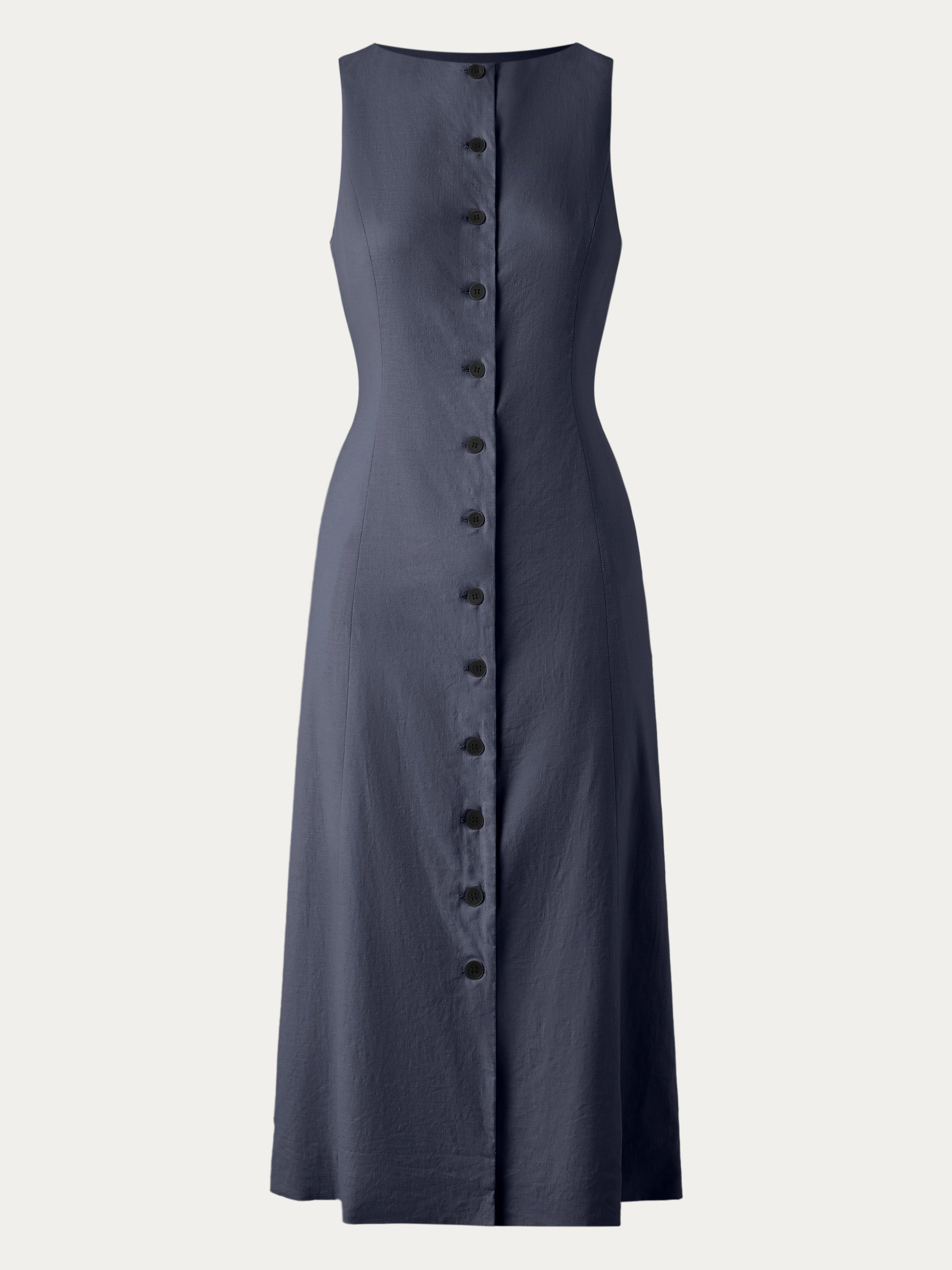 European Linen Waist-cinch Boatneck Button-up Midi Dress with Pockets