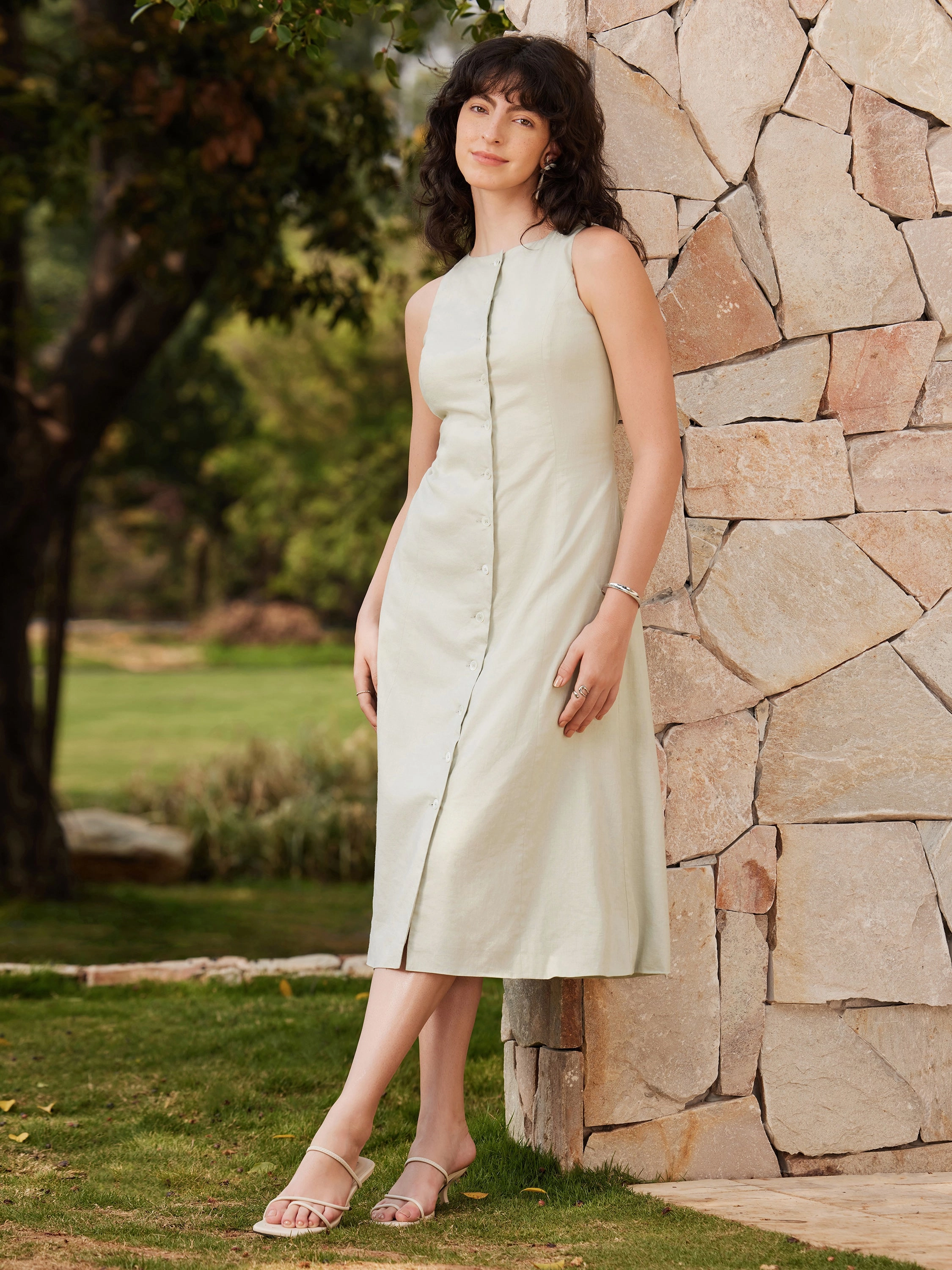 European Linen Waist-cinch Boatneck Button-up Midi Dress with Pockets