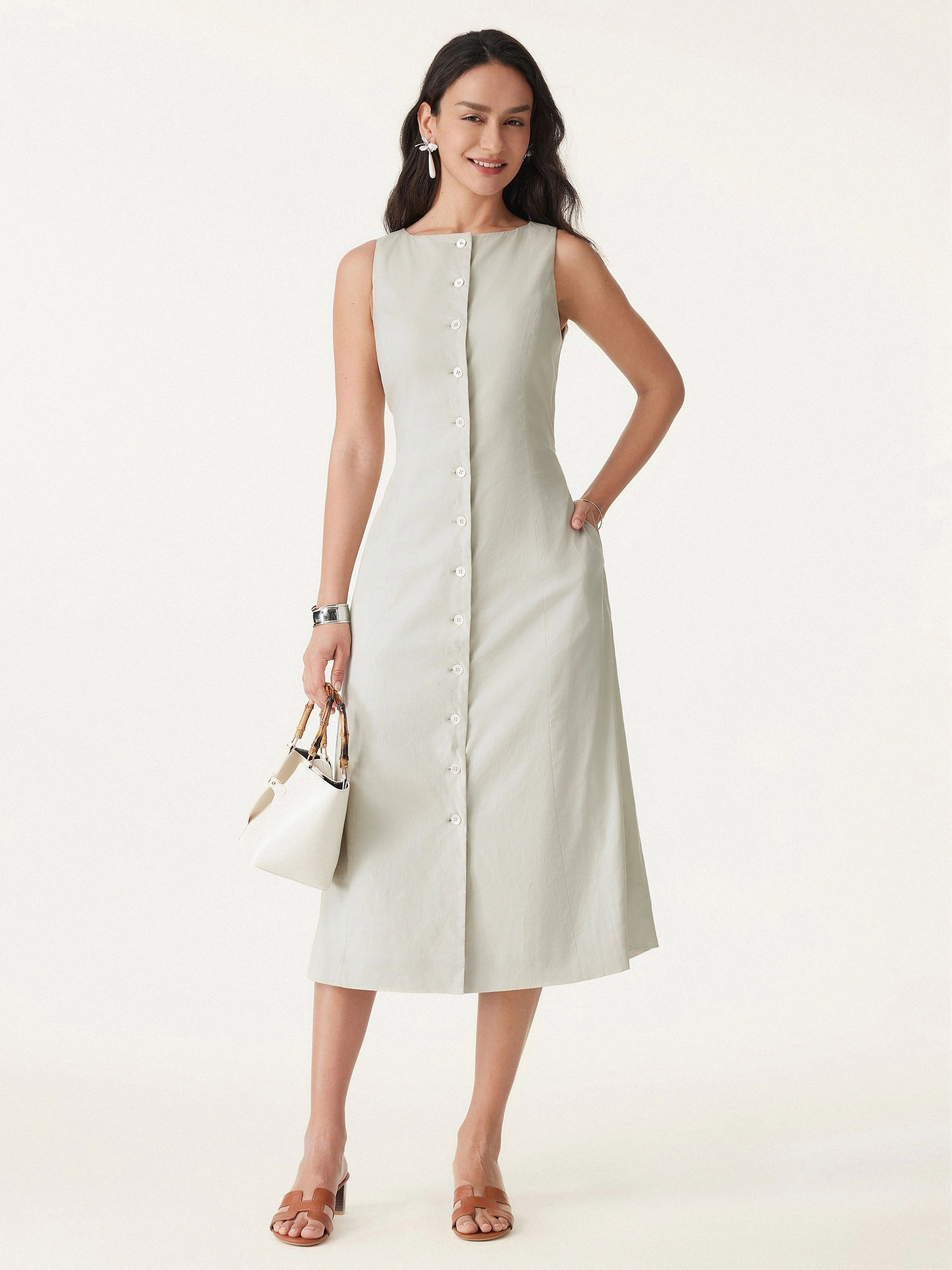 European Linen Waist-cinch Boatneck Button-up Midi Dress with Pockets