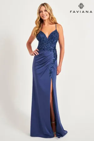 Faviana 11018 Sequin Prom Slit Long Formal Pleated Dress