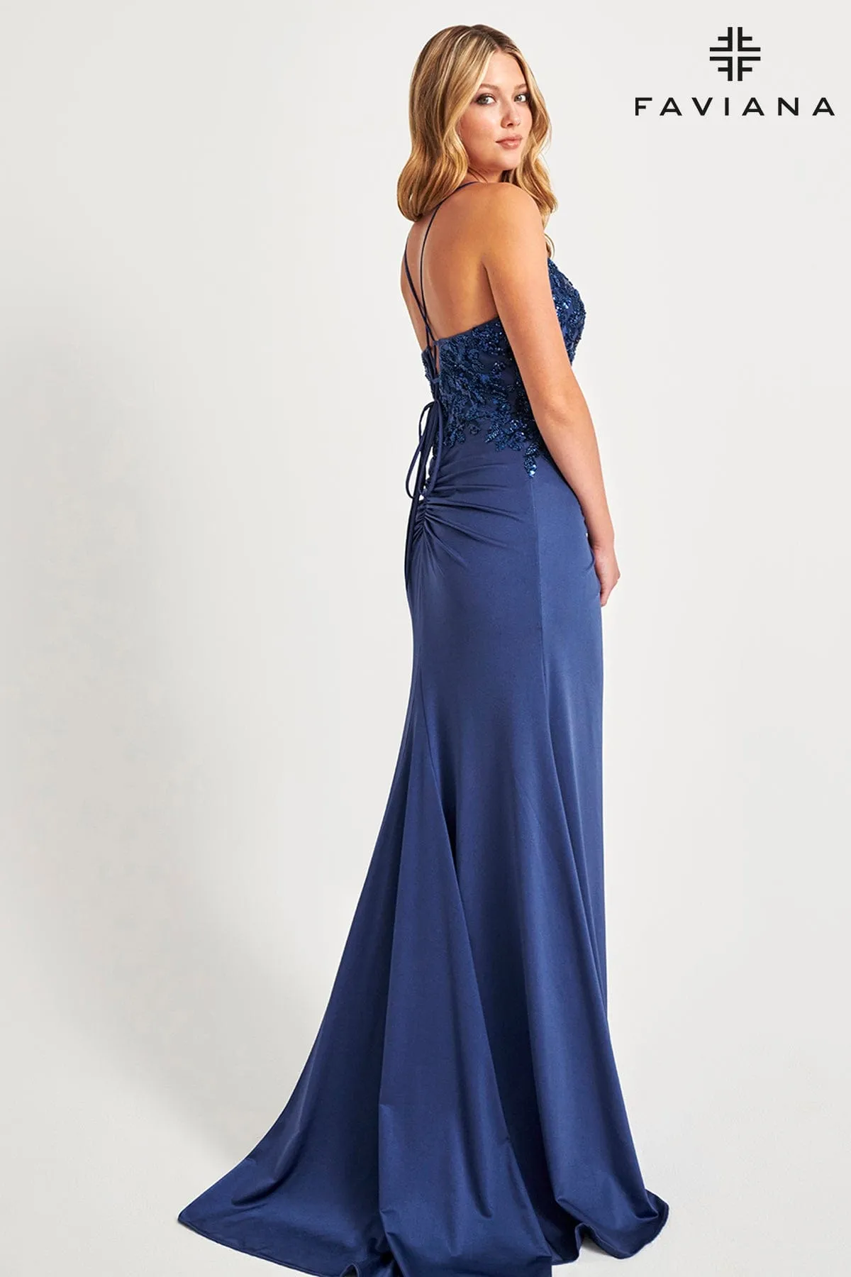 Faviana 11018 Sequin Prom Slit Long Formal Pleated Dress