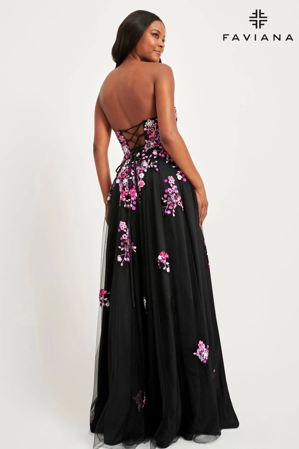 Faviana 11028 A Line Long Formal Floral Applique Prom Dress