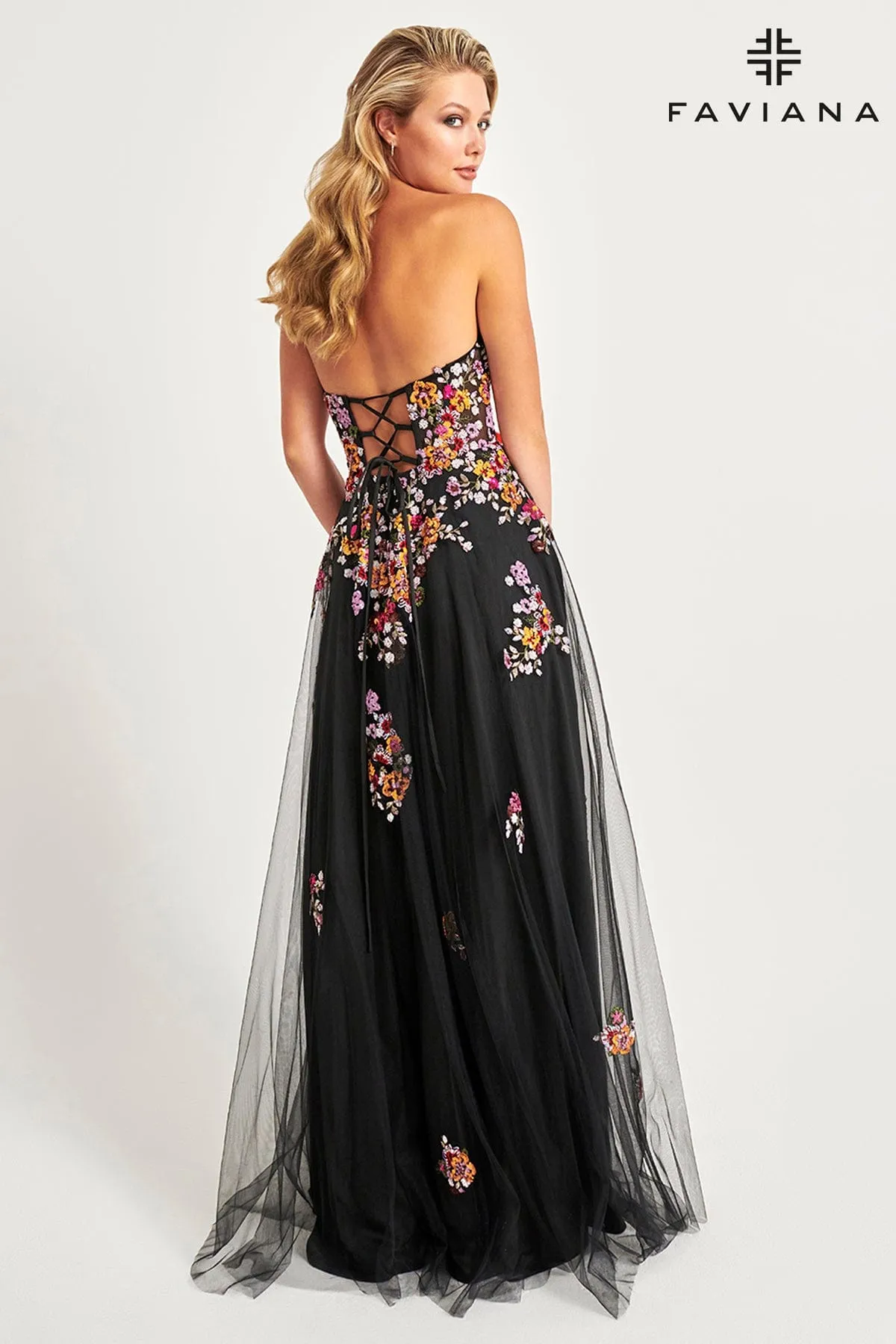 Faviana 11028 A Line Long Formal Floral Applique Prom Dress