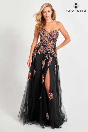 Faviana 11028 A Line Long Formal Floral Applique Prom Dress