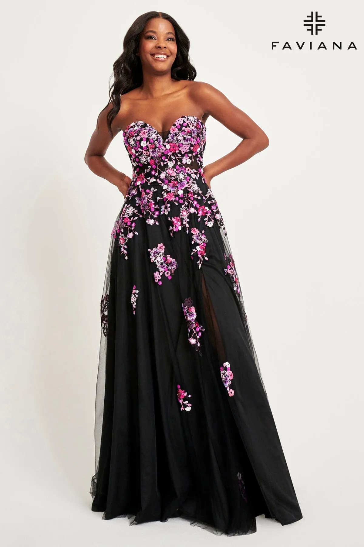 Faviana 11028 A Line Long Formal Floral Applique Prom Dress
