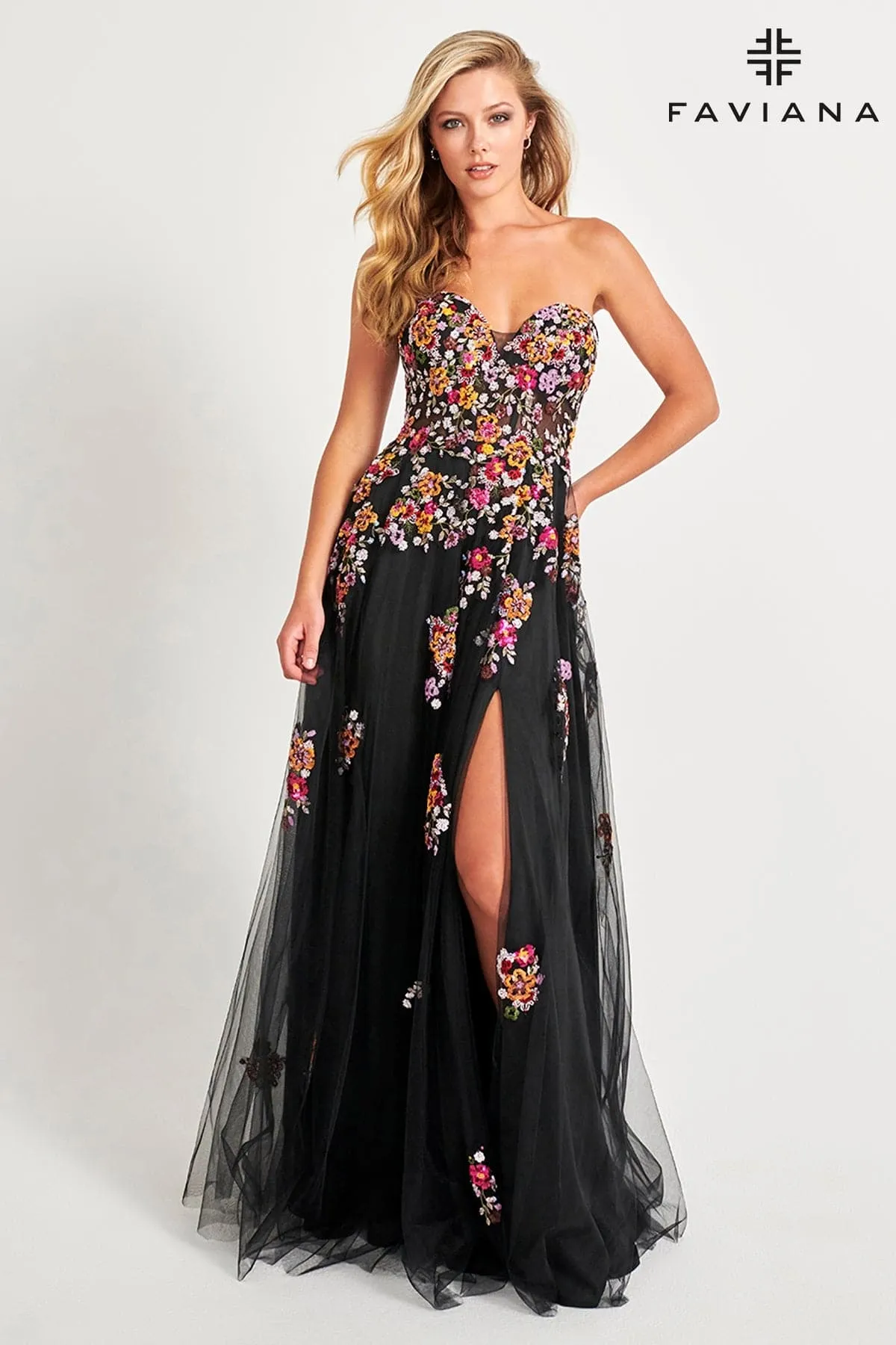Faviana 11028 A Line Long Formal Floral Applique Prom Dress