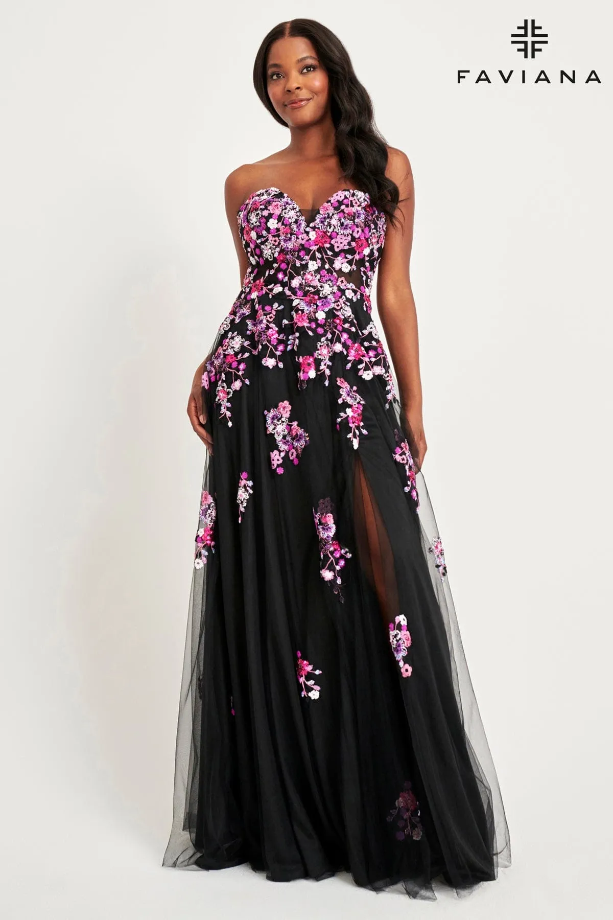 Faviana 11028 A Line Long Formal Floral Applique Prom Dress