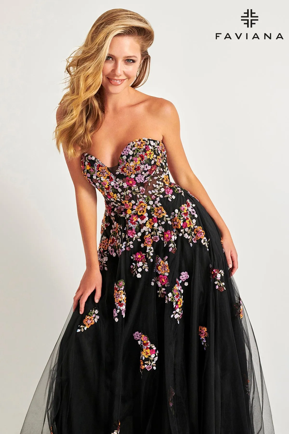 Faviana 11028 A Line Long Formal Floral Applique Prom Dress
