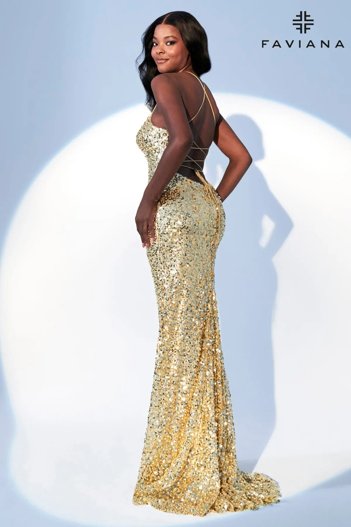 Faviana 11033 Long Formal Sequin Metallic Prom Dress